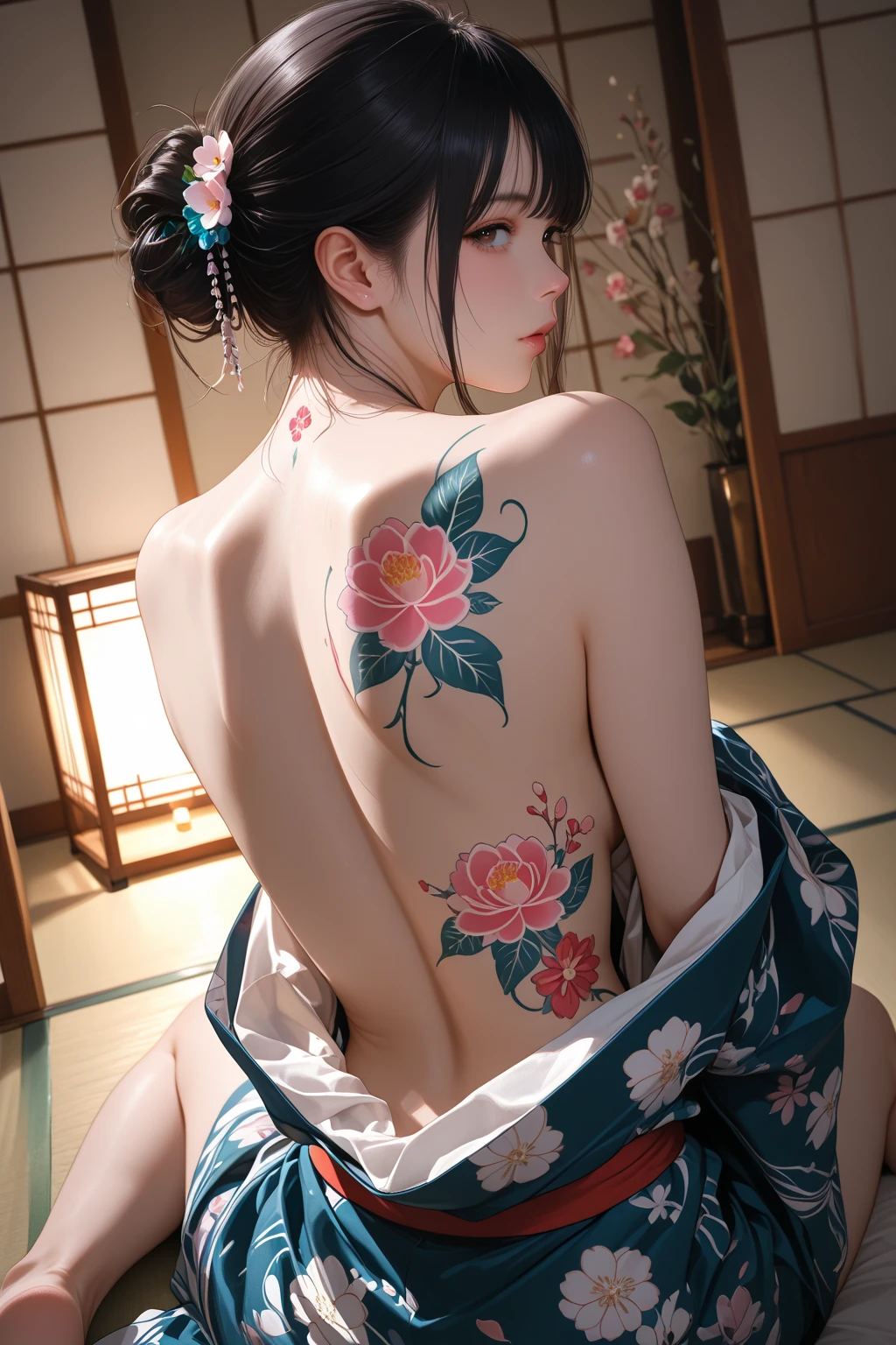 ((highest resolution))、((masterpiece))、(8k raw photo)、((super photorealistic stick:1.2))、(sharp focus)、nsfw、（beautiful face）、Amazingly beautiful Japan、No bra、asian woman、solo、Bewitching、sexy、eros、Tattoos on beautiful skin that make you want to touch them、white skin、Shiny skin、perfect proportions、Beautiful buttocks in shape、（(Amazing dragon and cherry blossom tattoo from back to waist:1.3))、Yakuza style、dynamic lighting、side light、bright colors、((Dragon, cherry blossom and Mt.Fuji tattoo、Beautiful tattoos that look like works of art、full back tattoo,:1.3))、(random pose)、(dynamic angle)、beautiful face、detailed face、perfect proportions、big breasts、thin waist、navel、gap between crotches、thighs、dynamic pose、change pose、dynamic angle、A close-up of the girl&#39;s beautiful lines and contrasting back on a simple Japanese background、photo r3al、