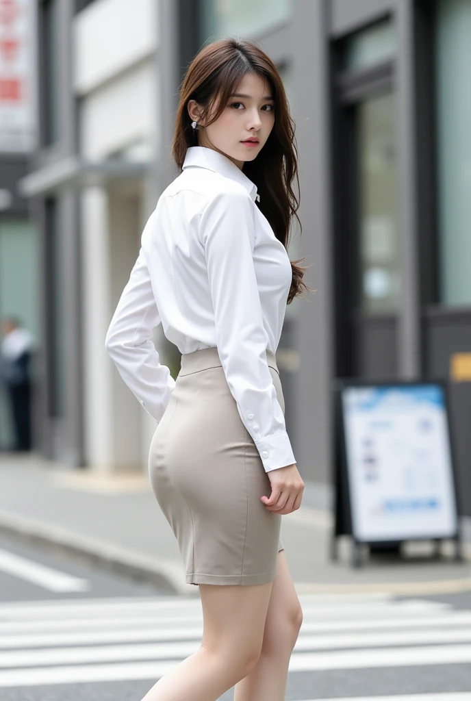 a 20 year old face of the most beautiful actress in the world, the perfect body proportions of a woman, formal shirt is worn on upper body, only panties are worn on lower body, standing, at the city street, best quality, highly detailed, masterpiece, ultra high res, photo realistic, 8k