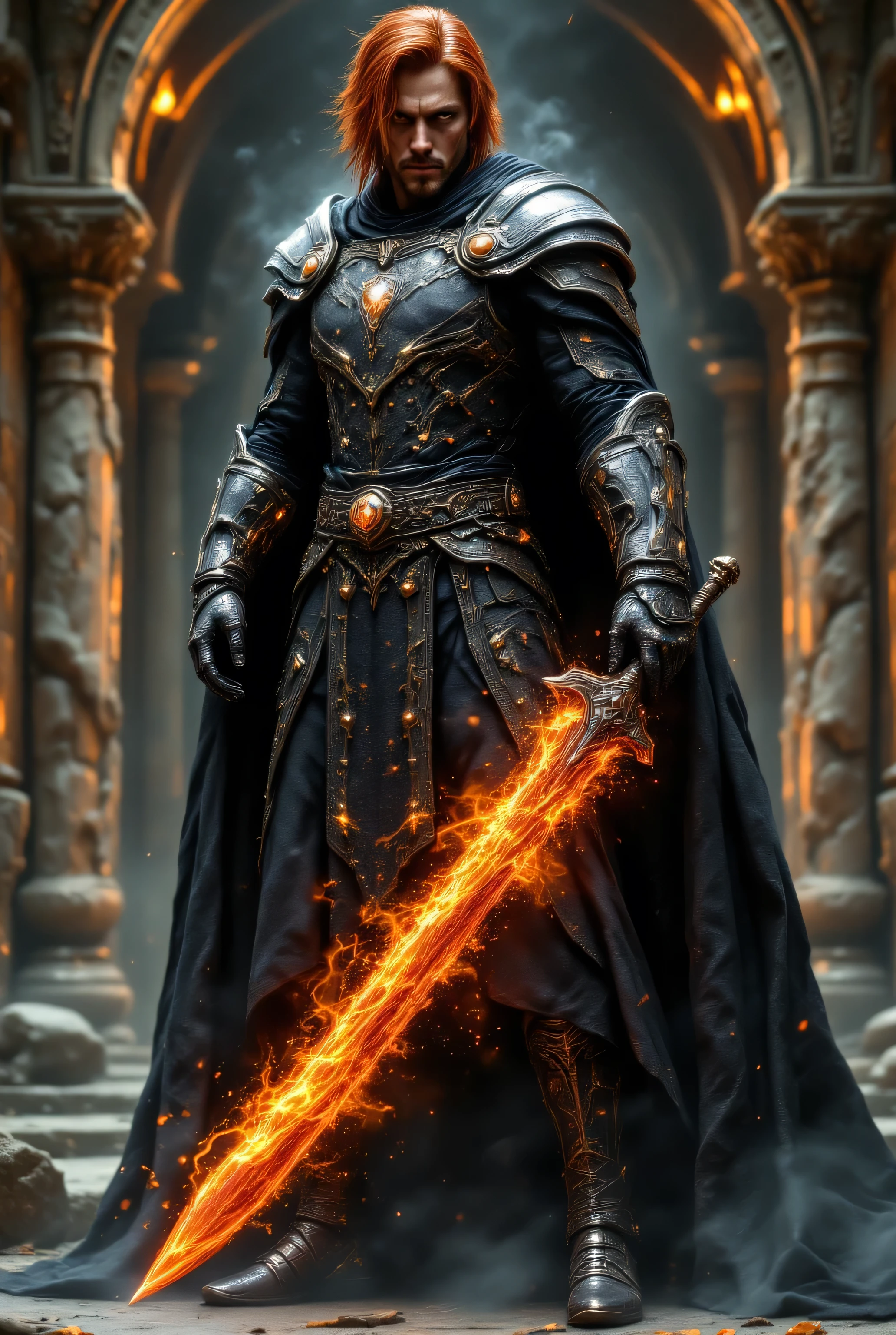 The image of a man with a,m tall wearing armor Made of leather with metal on the shoulders and wearing medieval warrior's pants, armbands on the forearms, shin guards made of metal on the armor, black leather boots with a cloak covering his shoulders and falling to the ground, he has a serious look symmetrical face standard Eastern European and he is using more each Long in his right hand made of a very shiny bow like. of a very beautiful metal design in Flames and energy thundering this very beautiful sword He has red hair. And this image reflects his entire body from his boots to the top of his head. This character is a warrior a male male, he is standing on top of a marble platform inside a temple of soldiers.