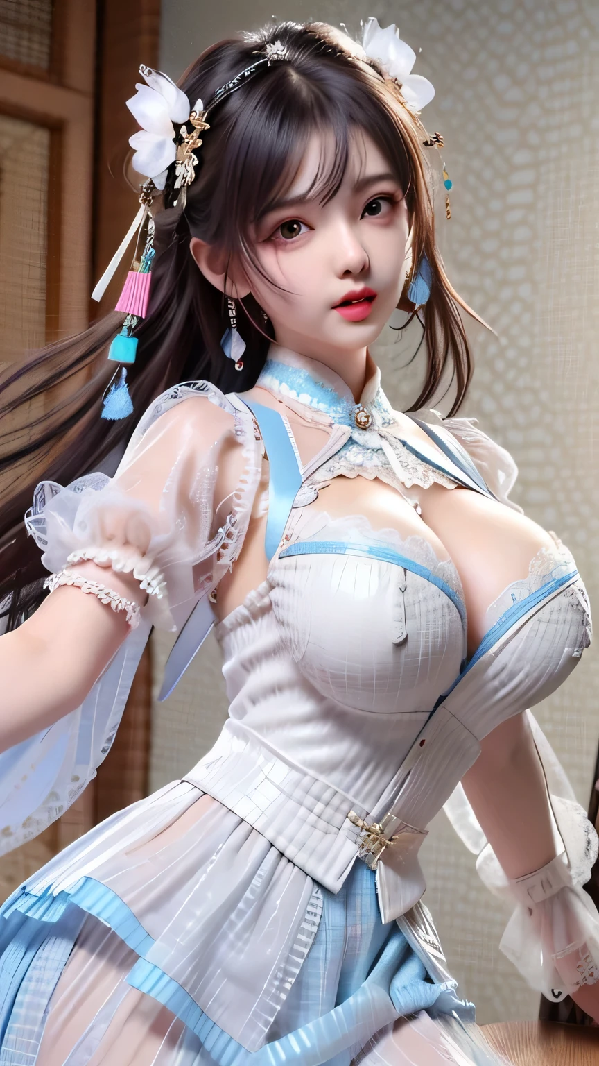 (()), (8k, RAW photo, best quality, tmasterpiece:1.2), (realistic, photo-realistic:1.37), ultra-detailed, full body, 1girl, solo, detailed restaurant, crowd people, night, full body , ((gigantic cleavage breasts, gigantic cleavage breasts)), 美丽细致的眼睛, beautiful detailed lips, profesional lighting, photon maping, Radio City, physically-based renderingt, very detailed eyes and faces, Beautiful detailed eyes, light in face, cinmatic lighting, ( (Lace apron:1.4,Wardrobe error)),Full body photo,looking at viewert,Indoors,trabalhado。 --auto