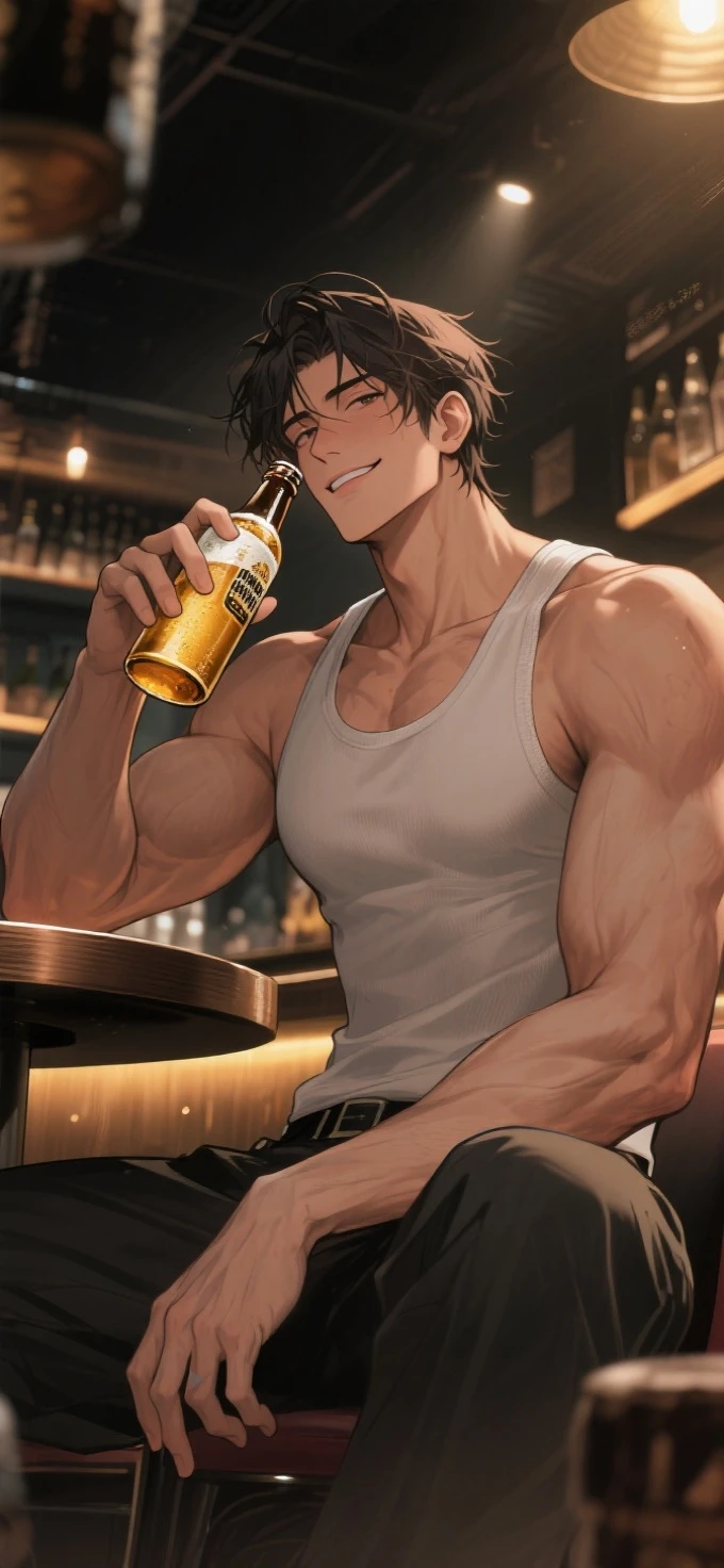 8k , masterpiece,  solo man , 1 man only , detailed face, detailed body parts, detailed fingers,  detailed muscles,  detailed background,  chris hemsworth as thor relaxing on a chair with  ,showing muscles and bulge  smiling , satisfied from his victory,  wearing his hero outfit , near him his hammer , drinking a glass of beer 