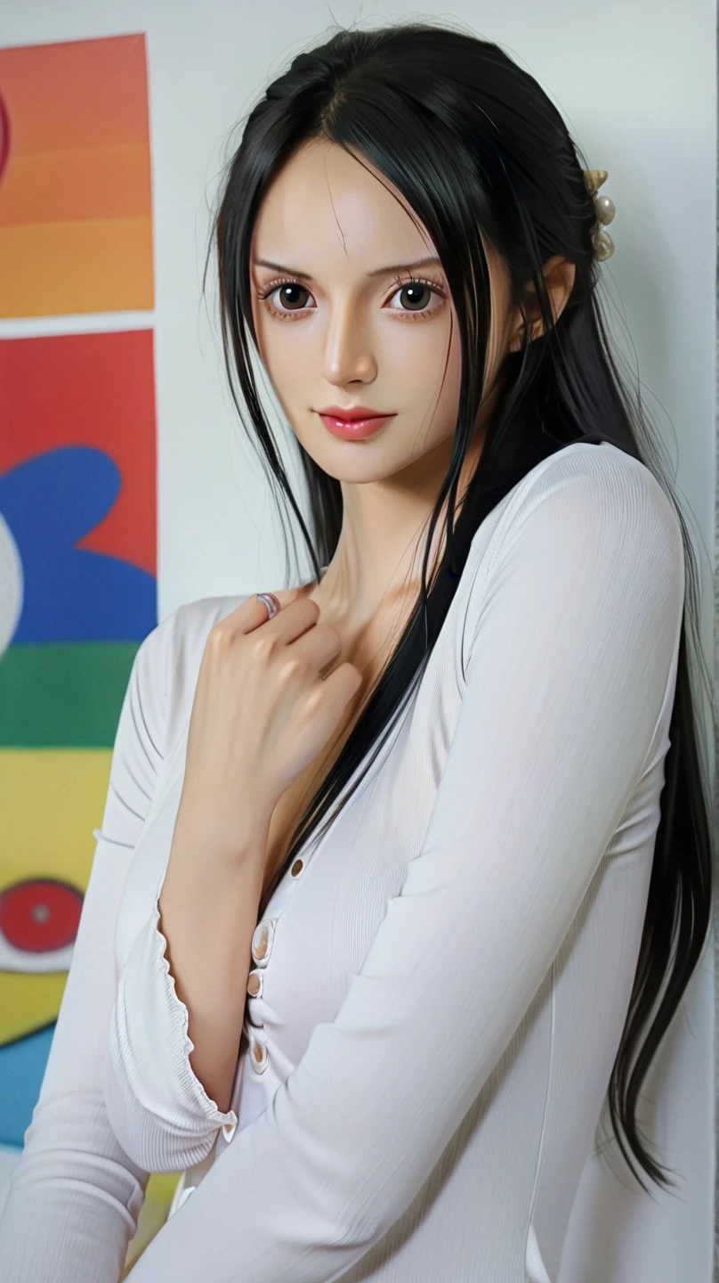 A Indonesian woman, long black hair, wearing a shoulder blouse tops floral, red lips, white background