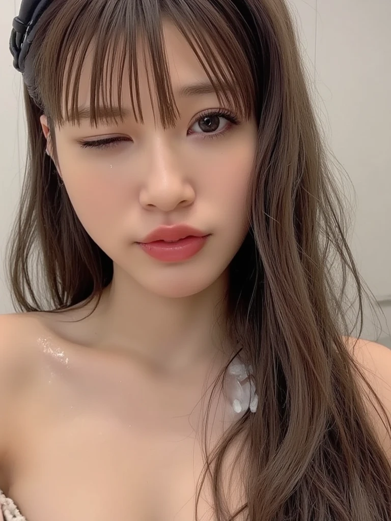 ((Highest quality)), ((masterpiece)), (detailed), Japanese、One middle school girl,12age、 Baby Face、sexy、Gal Makeup、Gaze Here、Dark skin tone、Close-up of face、Shiny pink lip gloss
、Heavy makeup、Kissing Face、Curly Hair、Close-up、((sexyな唇))
