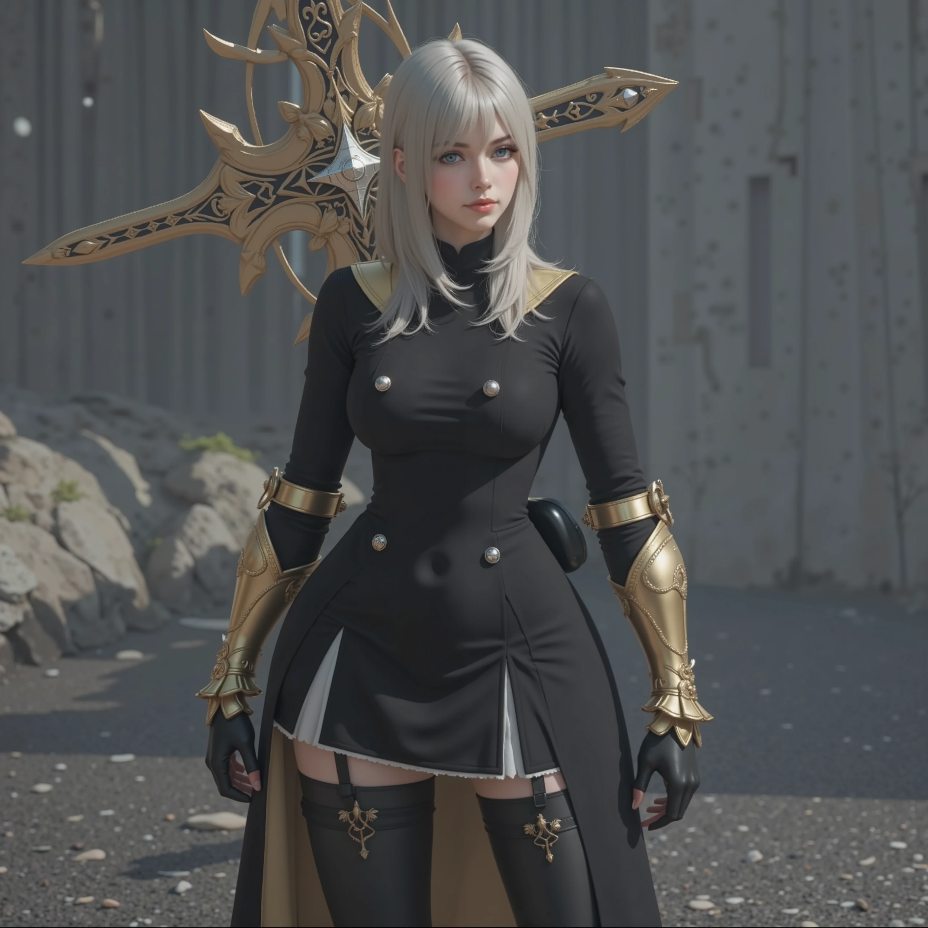 Round ass, Perfect body ,hyper realistic graphic, realism, super resolution, ultra realistic, ultra quality, super quality image, cute blondie, big breasts, short skirt, HYPER REALISTIC FACE, innocent face, quality skin, sweety skin, sunny weather, sunny light, tight clothes, big two handed sword on the back, short skirt, visible lingerie, detailed background, close up view, watching viewer