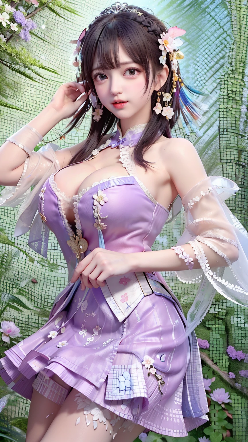 (masterpiece:1.4), (best quality:1.4), ultra high res, ultra high resolution, ((detailed facial features)), HDR, (realistic, photorealistic, photo-realistic:1.37), full body Esbian, sexy Vietnamese model, (-anime), vivid colors, ((vivid colors multicolor (pink, red, purple) very short hair)), ((smiling face)), lip-gloss, long lashes, ultra detailed metallic makeup, defined eyebrows, wearing large sparkling colorful jewelery, (wearing a red silk Paradise Kiss cosplay dress with black floral embroidery), ((vivid colors outfit)), vivid colors, look at the camera, cinematic light, large park background with trees, sweet and sexy pose