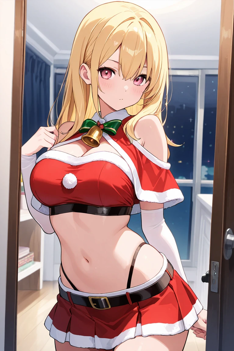 (Best Quality,4K,超A high resolution:1.2), Ultra-detailed, (inely detailed beautiful eyes:1.3), 1girl in,Bedroom,santa claus bra,santa claus panties,(Bruš:1.4),Small breasts,Leaning forward
