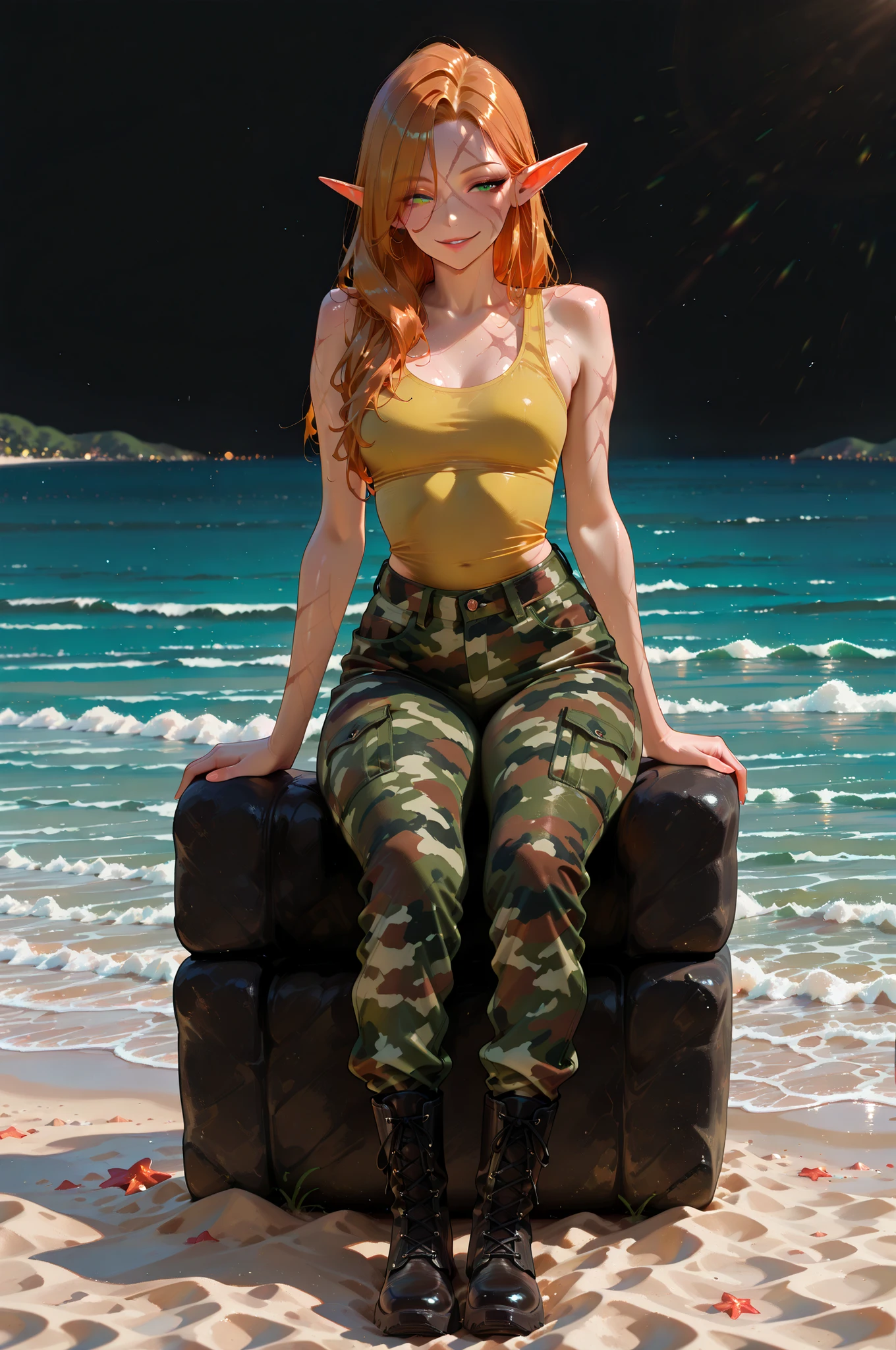 masterpiece, best quality, amazing quality, very aesthetic, high resolution, newest, hyper-detailed,solo, female character, mature woman , MILF, athletic figure, ((elf)) , small breasts, pointed ears, long hair, ginger hair, great scar on her face, guilty smile, elegant look, yellow tank top, camo pants, boots, full body, fan art, beach on the background