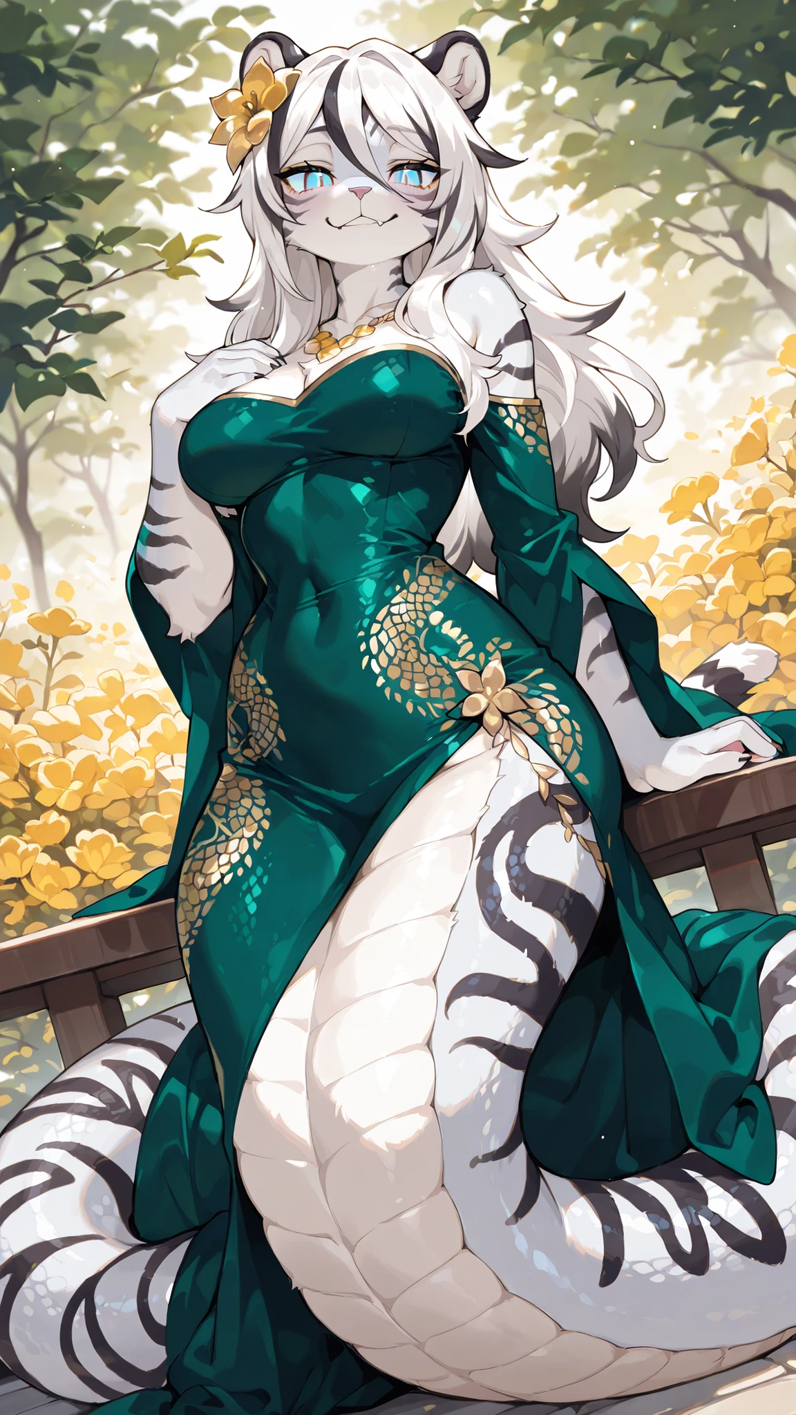 (Dutch Angle) (((solo:1.5, solo character:1.5))) (adult:1.3, wide shoulders, mature, female, girl, hot, big eyes:1.2, round face:1.2, blue eyes, cute), ((white hair with black ends, black tipped hair)), (long hair, hair over whole head, body fur, furry, white tiger, white fur, white fur on body, medium breasts), bright yellow necklace, deep green dress, golden details, yellow fowers on hair:1.5, golden flowers on dress, soft smirk, deceptive, snake pupils, snake patterns on dress, looking at viewer, (masterpiece, best quality)lamia, snake scales, lamia , full body