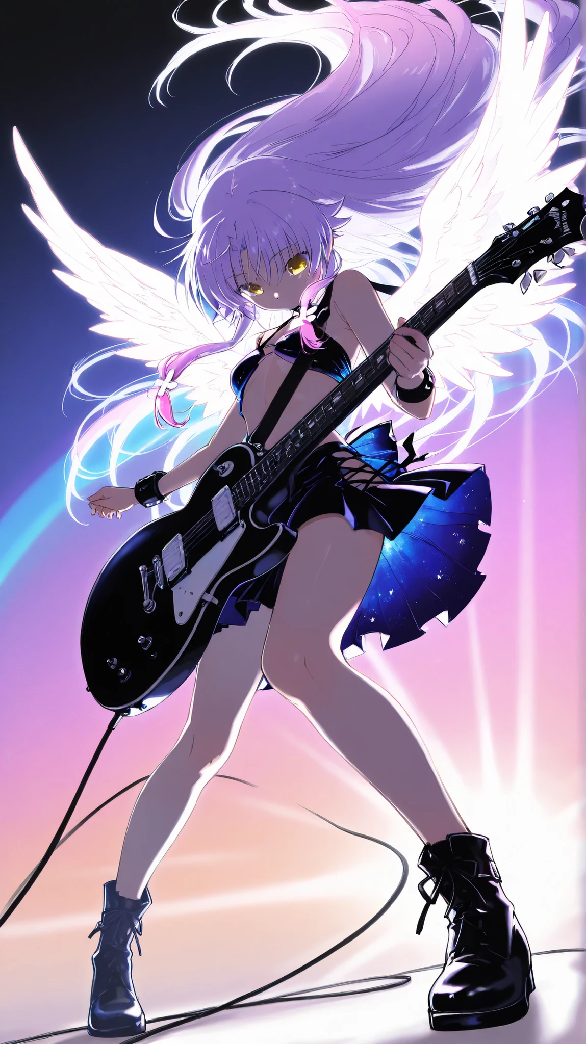 (solo),ultra high definition, absolute resolution, masterpiece. lonely,super long hair,light purple hair, yellow eyes ,blazer after face,skirt,白いshoes下,shoes,Canadest Girl, Angel Beats!, bangs that aren't aligned,play guitar,very pretty eyes,
 , kind expression. angel wings,,
BREAK LEWD 素晴らLikeボディプロポーション , black revealing dress, god々Like, Angel Wings Dance,Black guitar,Les Paul custom,
(  Mr...々colorful iridescent fog glitter effect:1.3). 
very delicate depiction, very clear image, bold and dynamic, Contrast of Light and Dark, 2.5d,  Art Photography, surreal,Rainbow Splashes Dance Background