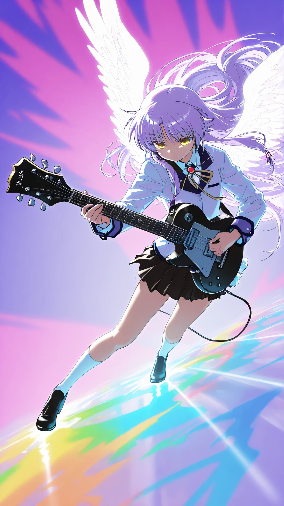 (solo),ultra high definition, absolute resolution, masterpiece. lonely,super long hair,light purple hair, yellow eyes ,blazer after face,skirt,白いshoes下,shoes,Canadest Girl, Angel Beats!, bangs that aren't aligned,play guitar,very pretty eyes,
, kind expression. angel wings,,
BREAK LEWD 素晴らLikeボディプロポーション , black revealing dress, god々Like, Angel Wings Dance,Black guitar,Les Paul custom,
( Mr...々colorful iridescent fog glitter effect:1.3).
very delicate depiction, very clear image, bold and dynamic, Contrast of Light and Dark, 2.5d, Art Photography, surreal,Rainbow Splashes Dance Background