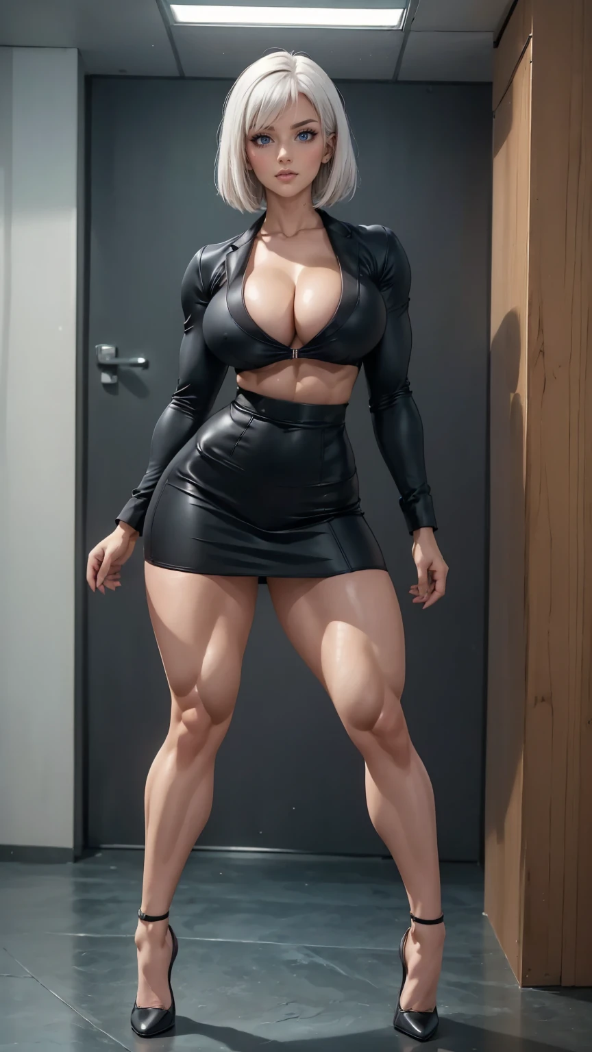 8K,Highest Quality,BREAK,1 female,glasses,black short hair,BREAK,(naked lower body:1.4),BREAK,(black thighhigh stocking),highheel short boots,BREAK,large breasts,beautiful abs:1.3,muscular legs,very slim body