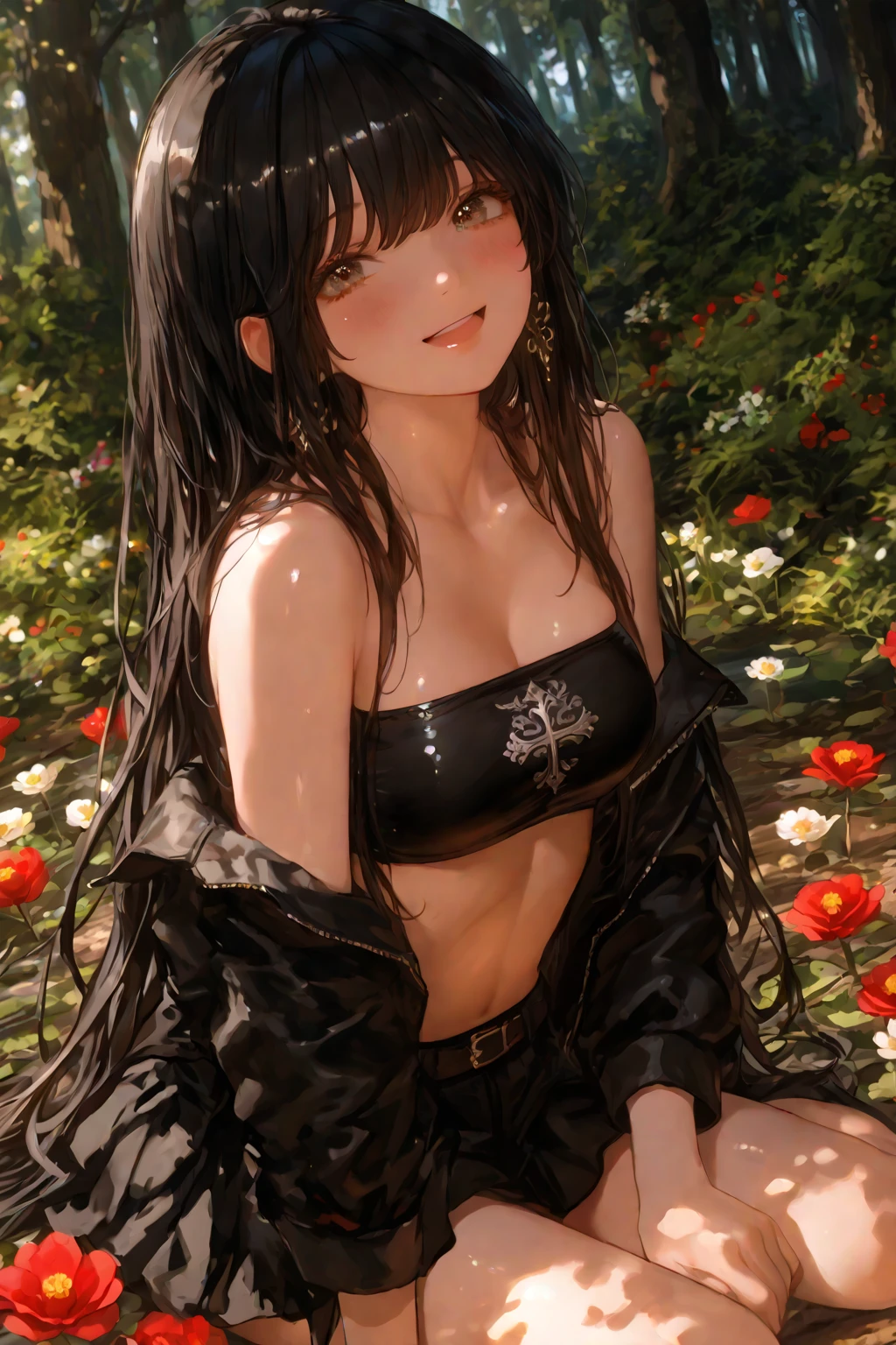 (4K,masterpiece,best quality,ultra detailed,high resolution),(daylight,bloom),cowboy shot,cute female,solo,teenage,slender,(medium hair,hime cut,black hair),(beautiful detailed face,beautiful detailed eyes,finely detailed skin),(beautiful medium beast),(beautiful big hip),(fair skin),((one piace competition swimsuits)),(on beautiful lake side),(holding a bouquet of flower),