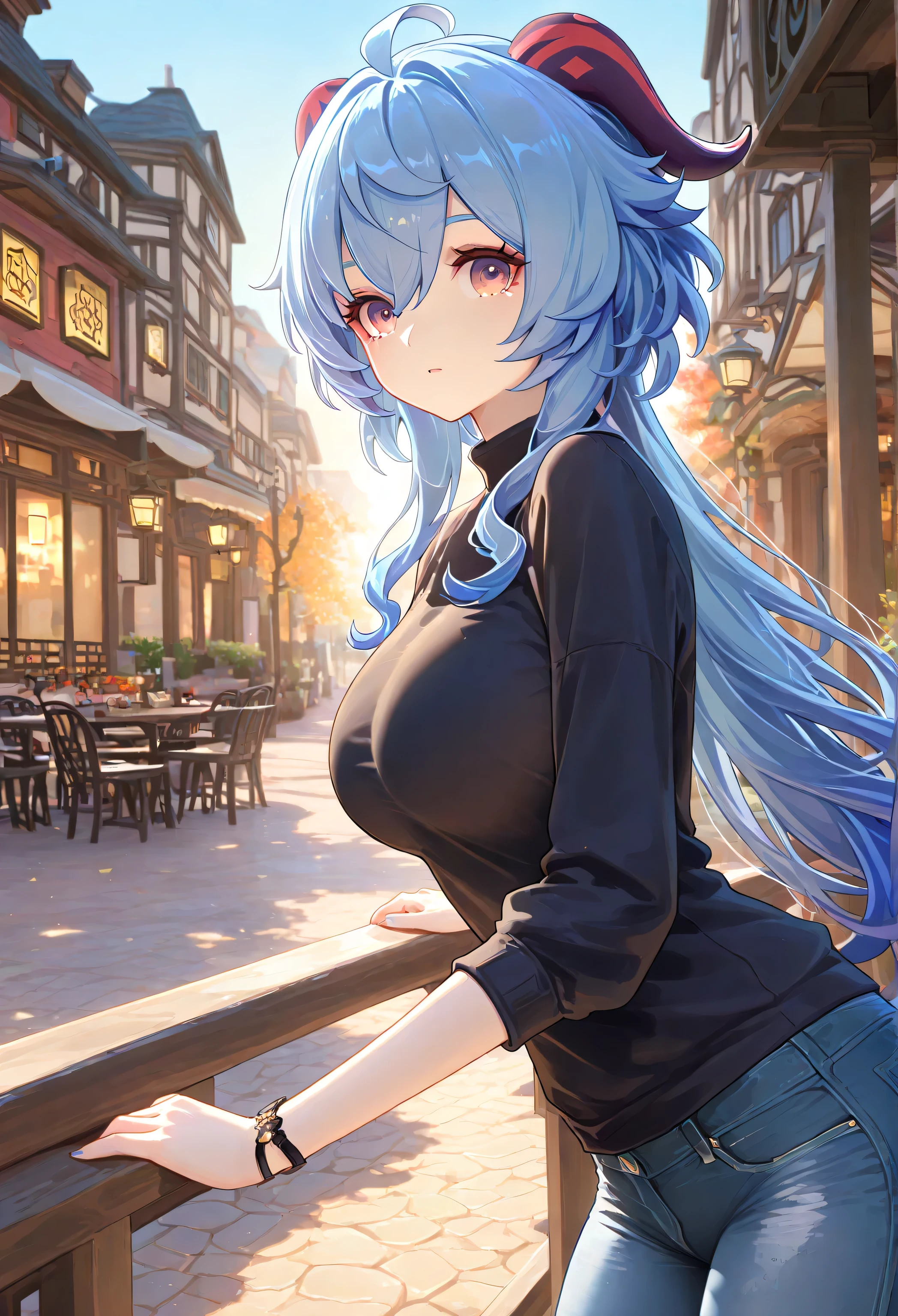 1 girl, From_Ganyu\( Genshin\), casual clothing,Short jeans,outdoor, Highly detailed, High Contrast, ray tracing, best lighting , cinematic composition, Pretty faces ,best quality, Very beautiful, , ultra-high resolution, detailed background, comics, Pastel Details ,See, Cafe with a soft atmosphere , style, solo,carefully crafted hair and eyes,Select product,Advanced CG illustration