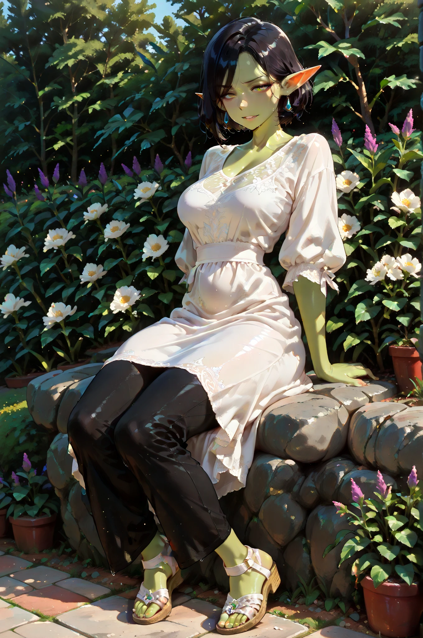 masterpiece, best quality, amazing quality, very aesthetic, high resolution, newest, hyper-detailed, solo, female character, mature woman,((elf)) medium breasts 1:3, pointed ears, green skin, short hair, Black hair, gentle smile, severe expression, white dress, black pants, sandals, stand on full body, fan art, garden on the background