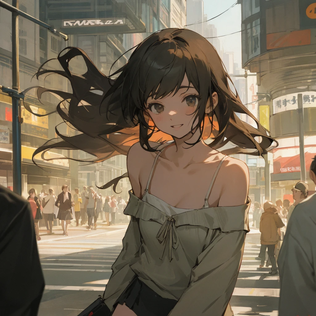 ((hair, Ultra-high resolution, Highest quality, masterpiece: 1.2), (Realistic, PhotoRealistic: 1.37), Super detailed, (Tokyo, Busy Street, sunny: 1.2), Professional Lighting, Photon Mapping, Radio City, Physically Based Rendering, masterpiece, Rich details, (Beautiful Face),(Beautiful Eyes), (Clear Face), (Detailed face description), (Detailed hand description), ( masterpiece), Realistic, Extreme light and shadow, Glowing Skin,Shiny Hair, One Girl, 18-year-old, Japan, cute, (smile,Happy:1.3),(Gradient Brown Hair, short hair, ponytail:1.2),Small Big, thin: 1.2, double, Disheveled Hair, fine clavicle, clavicle, (Small , Flat :1.37),(Dynamic pose, Cowboy Shot: 1.3), (Knitted deep V-neck slip dress, , Side ,  waist,  Armpits, : 1.2), Face Focus
