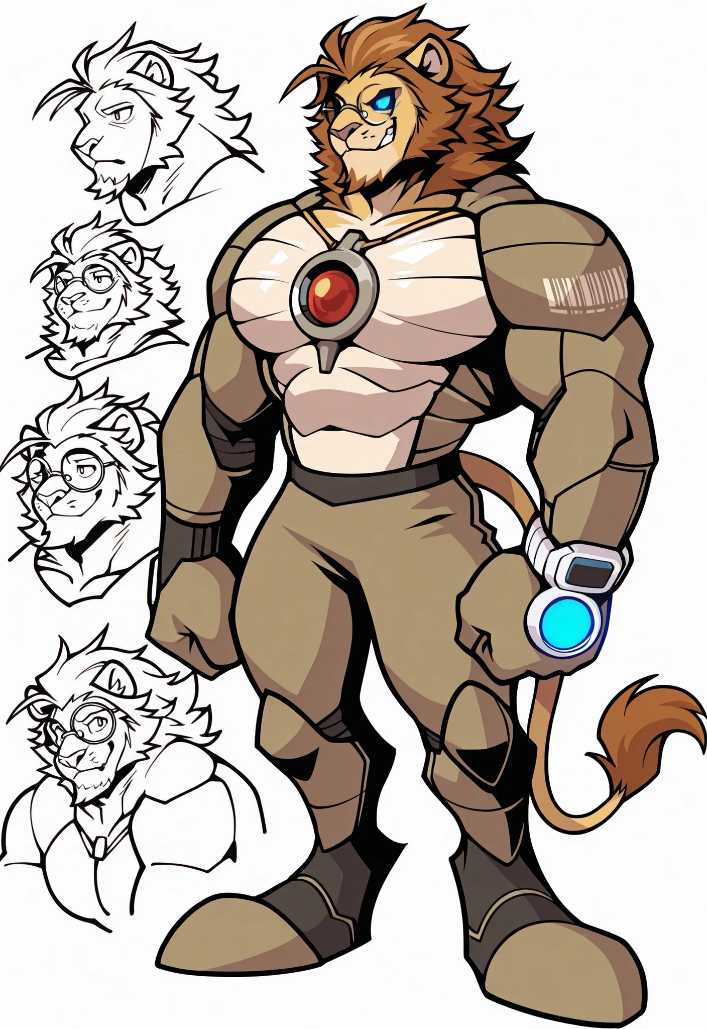 Experienced furry character reference sheet adoptable for Cornelius, masterpiece , modern day alternate universe, no background, fullbody, multiple views , best quality , masterpiece , masculine , character sheet , dungeon & dragons , visual novel , featured on Pinterest , dynamic.
Cornelius is a net navi lion boss robot from the megaman star series! Alone, solo, a powerful hunky jock lion man coated in shiny robot master metal! Dynamic battle robotic posture with his mega buster, best Quality, high quality, ultra high resolution, blue glowing eyes, Exquisite Face, solo, alone, handsome, battle anthro lion robot, handsome, null-ghost,Takemoto Arashi, uses time tricks and spears to fight. Score_9_up ,Score_8_up ,Score_7_up ,Score_6_up, best quality, masterpiece, alone, solo, 1boy, ((Cornelius is a middle-aged medium anthro, wears timelord themed gear, posh attitude, lion, gentleman, male, lion, furry, strong jawline, stud, perfect lion face, perfect hands, 5 fingers, no defects, smile, lion ears, lion tail, no markings, no watermark, feline, has brown hair, clean shaven goatee, masterpiece, best quality, Broad shoulders, wears tiny round glasses, high details, perfect eyes, award winning, highres, HD, 16k, fancy watch. Barcode on right chest pec, robotic parts exposed. Laser lights, special effects, Amazing Details, polished reflections, highly detailed face, no defects, no watermarks.