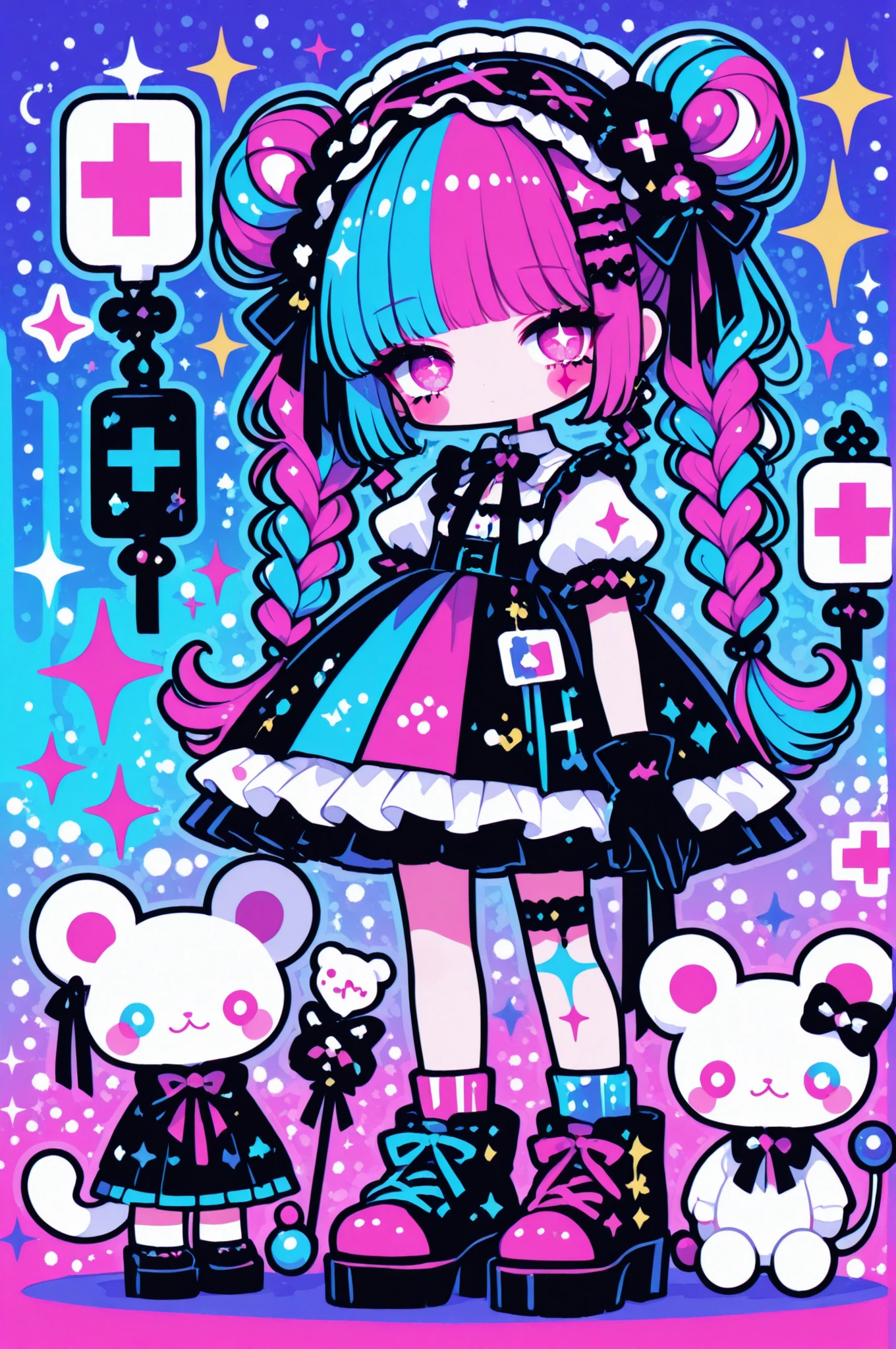 Woman, solo, gloves, rimless,pink eyes, Long Hair,hair ornaments, hairpin、ribbon, colorful, pop background、multi color hair, Full Body、Sparkling Makeup on Her Face、Harajuku、Lolita、Highest Quality、candy、braids