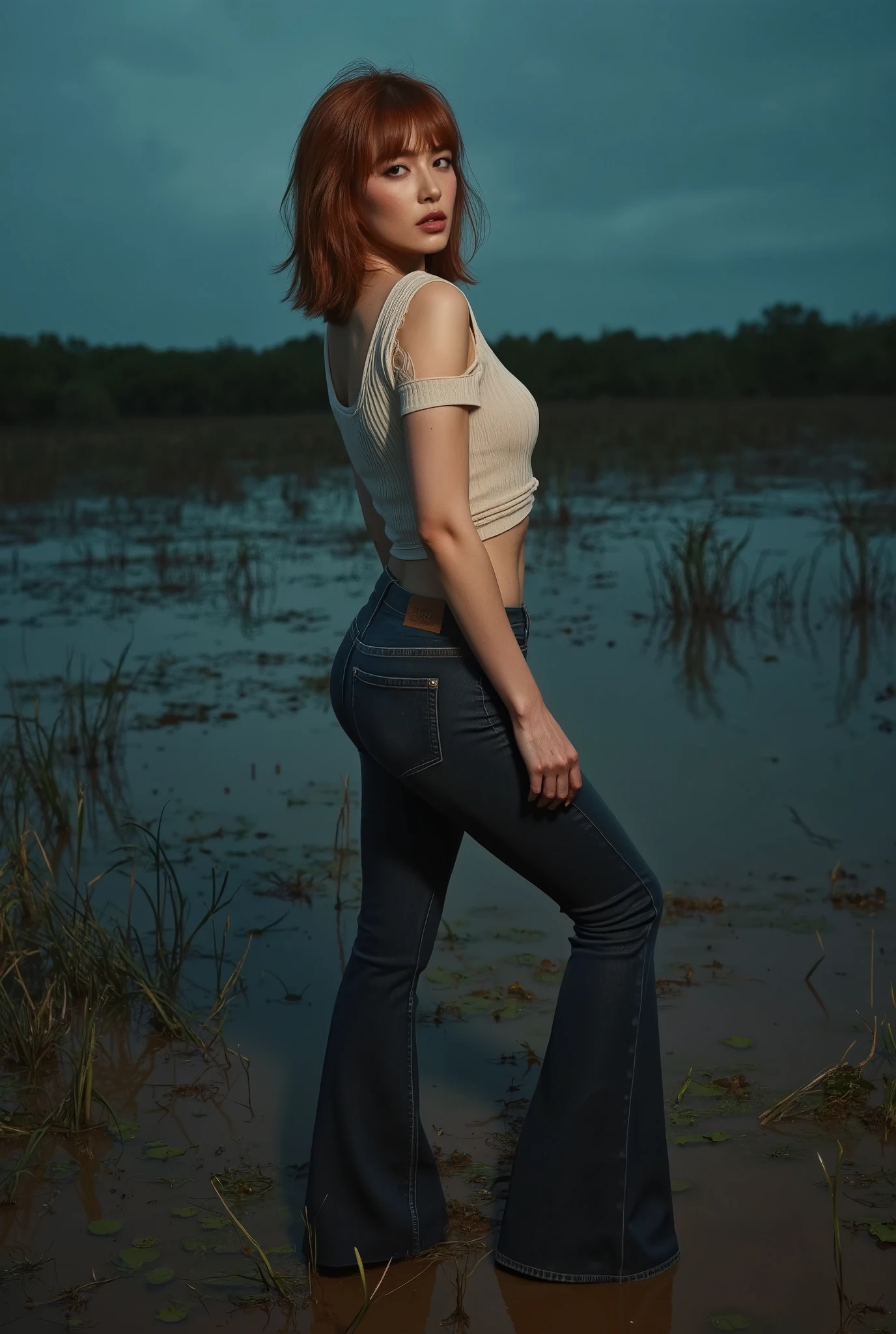 middle-aged mature woman, wrinkles, turns back seductively , vulgar, duckweed, drowns in a muddy swamp. seduces back, eye bags, wrinkles, tight flared skinny washed denim Levis jeans and fitted shirt, copper chestnut bob, poses standing up in tension, Night, blue, beige, red,