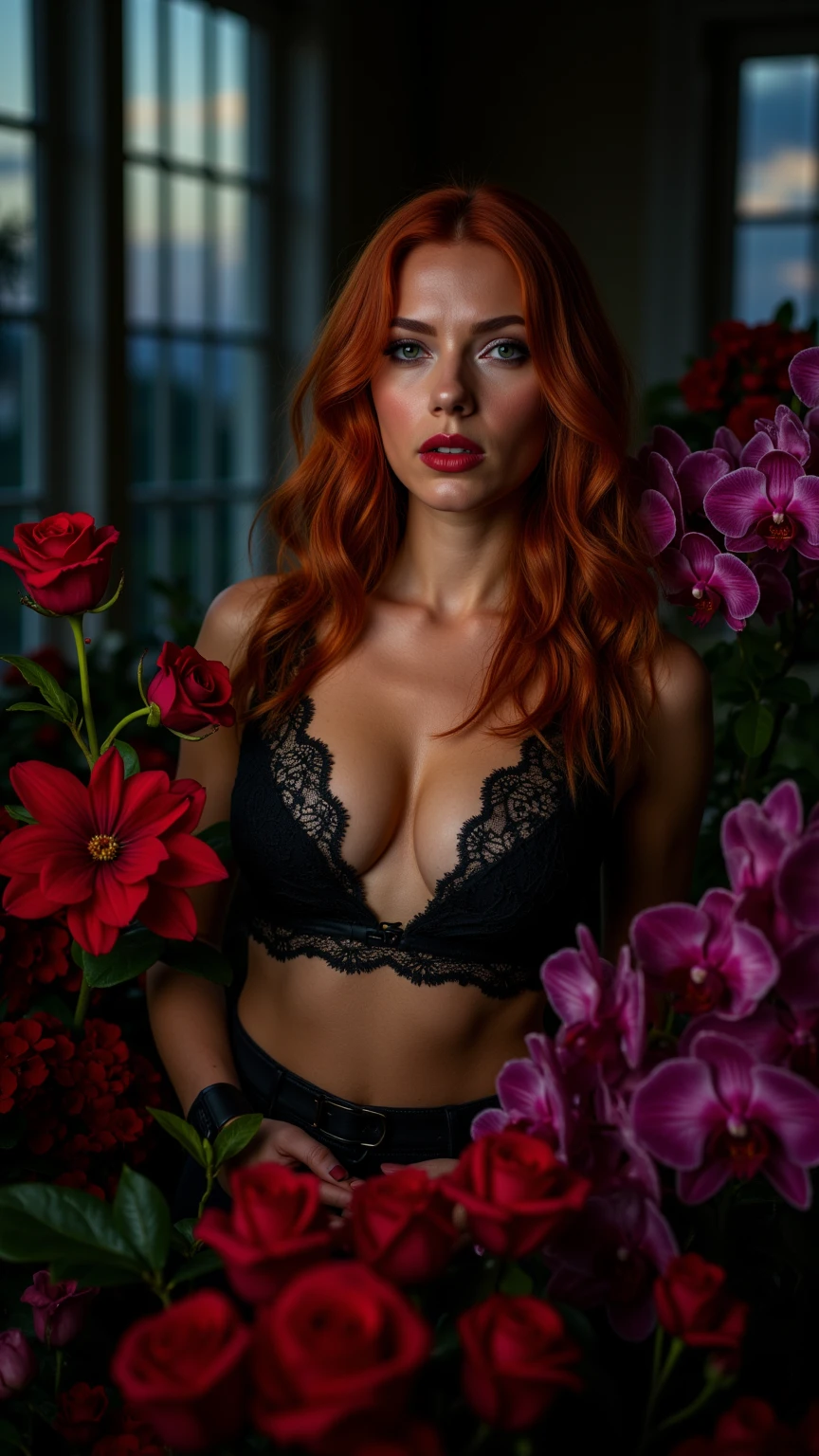 1girl, beautiful detailed eyes, beautiful detailed lips, extremely detailed face and portrait, vampire, long red hair, symmetrical, standing pose, bare shoulders, beige lace lingerie, beige tulle skirt, pale porcelain skin, red flowers blooming around, gothic, dark fantasy, elegant, (best quality,4k,8k,highres,masterpiece:1.2),ultra-detailed,(realistic,photorealistic,photo-realistic:1.37),cinematic lighting,dramatic chiaroscuro,vibrant colors,ethereal,mystical,dark romantic