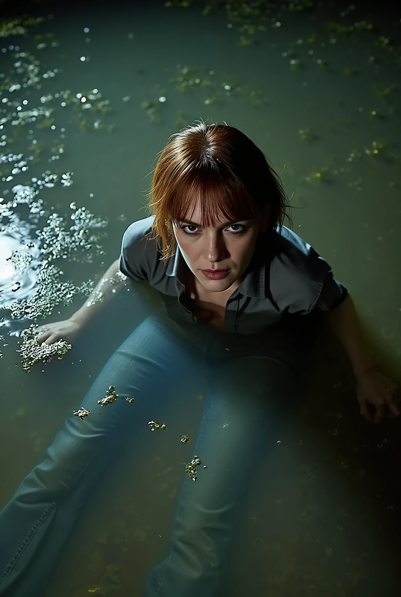 middle-aged mature woman, wrinkles, vulgar turns back , vulgar, duckweed, drowns in a muddy swamp. seduces back, eye bags, wrinkles, tight flared skinny washed denim Levis jeans and fitted shirt, copper chestnut bob, poses standing up in tension, Night, blue, beige, red,