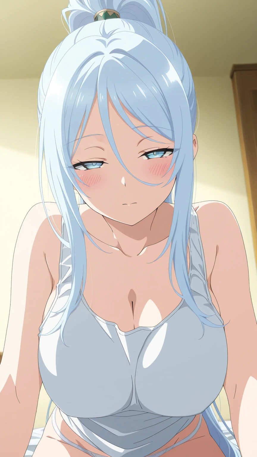 masterpiece, High resolution, anime.alone,Adult female, 8k, detailed, Perfect Face, highest quality, (super high quality),(Jujutsu Kaisen Art Style), (Squatting), (close ~ eye:1.3), (Open your mouth),clavicle, topless, large breast,(Open your mouth;), Perfect nipples,Cleavage, Blue Hair, Long Hair, dark blue eye, Stomach, Stomach, belly button, (White lace panties), Open white shirt, Open front white shirt, (White color too), in the forest,Perfect body, Upper Body, blush,,Troubled expression, Troubled eyebrows,in the forest,
