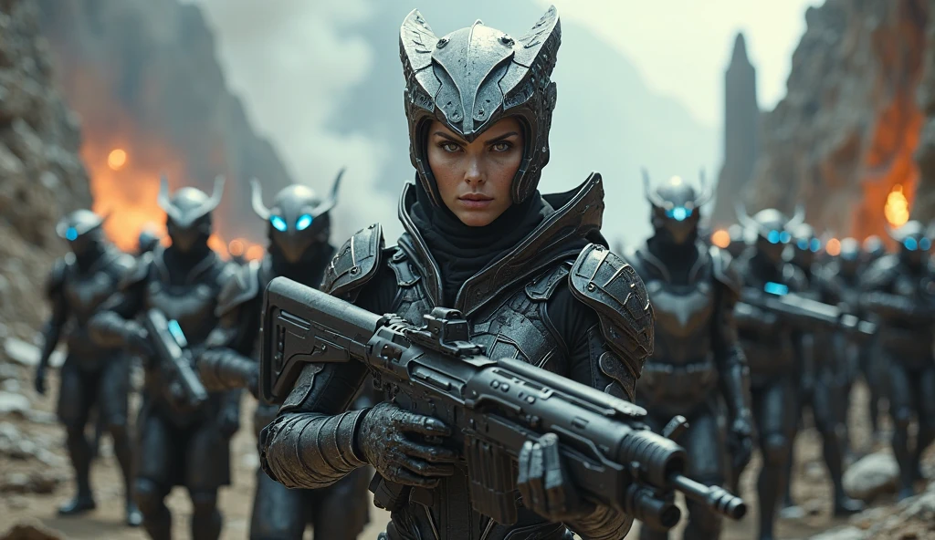 reate a dramatic, eye-catching YouTube thumbnail illustration set inside a futuristic spaceship corridor, inspired by the composition of five alien women facing a central figure (as shown in the reference image).

In the foreground (back view), show Commander Elena Hart — a strong, battle-hardened human woman with short, dark hair, wearing scratched black tactical armor, standing tall and facing forward. Her posture is confident but tense, as if surprised or cornered.

Directly in front of her, depict the four Arkadian princesses in bold, expressive poses. Each has violet-toned skin and a unique hairstyle:

One with long silver-white hair and a calm, commanding expression

One with golden-blonde hair, slightly rebellious, arms crossed

One with teal-blue streaked hair, leaning forward curiously

One with braided deep-purple hair, eyes narrowed with intensity

They wear sleek, royal-meets-sci-fi bodysuits, slightly different in design but unified in theme—regal, futuristic, and powerful. Their glowing eyes and otherworldly beauty contrast against the metallic walls of the ship.

Set the corridor with glowing panels, blue-purple ambient lighting, and a large window behind the Arkadian princesses showing a starfield or distant planet, adding depth and drama.

Make the characters large, expressive, dynamic, with high contrast, perfect for YouTube’s 16:9 thumbnail format.