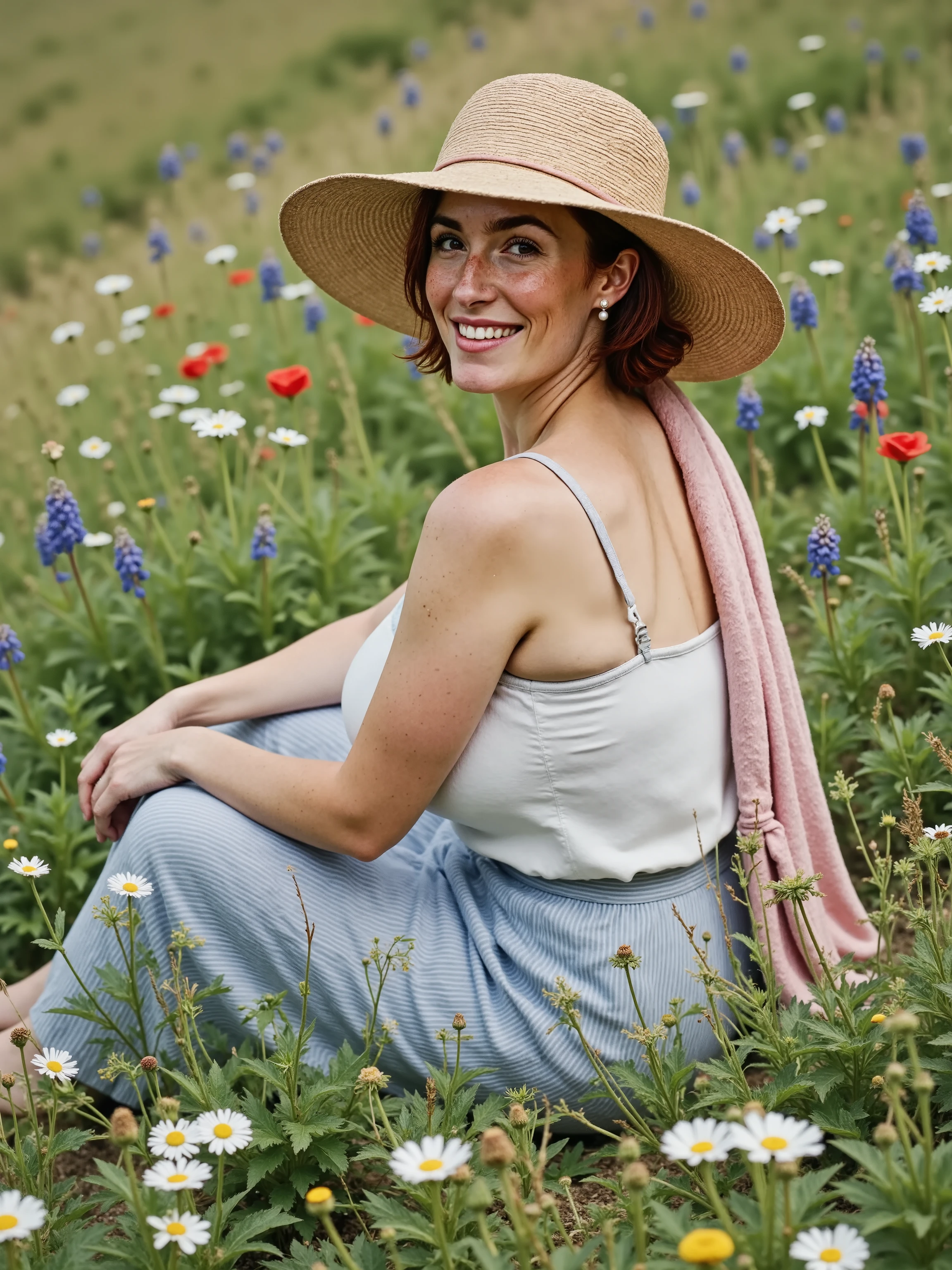 Photorealistic close-up picture featuring a beautiful 40-year-old woman sitting in the midst of a wild flower meadow on a hillside in the countryside. She's wearing a sleeveless white linen top and blue striped linen skirt, broad-brimmed straw hat, light rose silk shawl on her shoulders. she is surrounded by a joyfully abundant wealth of flowers with daisies, poppies, cornflowers, bluebells, buttercups, larkspur and many others. the flowers are growing with tall grasses in a haphazard way. she's looking in the camera with a joyful smile, she has beautiful brown eyes and simple pearl earrings. 