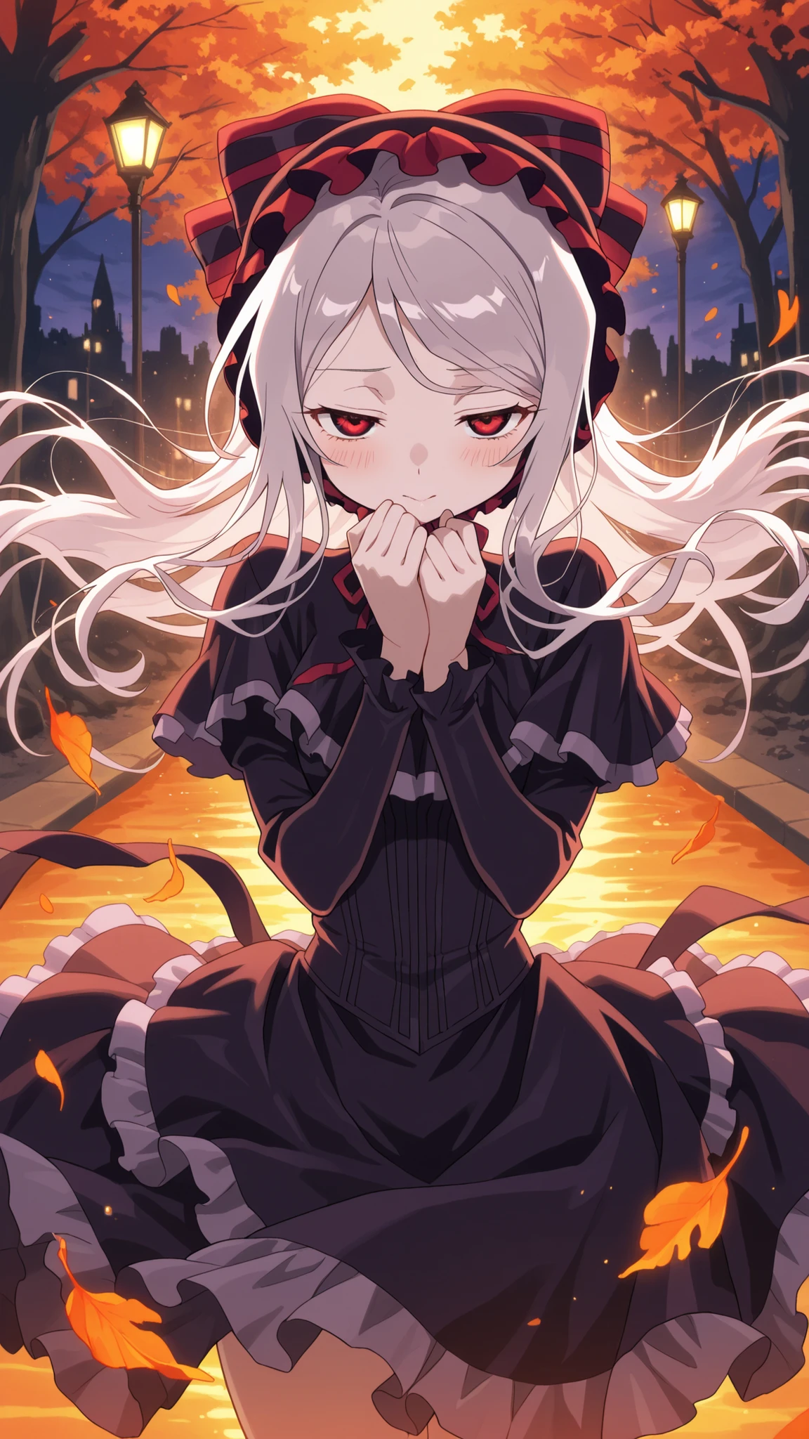 BREAK (masterpiece:1.2), best quality, high resolution, unity 8k wallpaper, (illustration:0.8), (beautiful detailed eyes:1.6),Tree-lined path covered in red and orange leaves,
dim street lamps casting warm pools of light,
gentle breeze scattering leaves across the ground,
sky fading from purple to deep blue,
anime background art, cozy but melancholic,shalltear, grey hair, long hair, red eyes, silver hair,,black dress, bonnet, bow, dress, frilled dress, frills, large bow, long sleeves, vampire,,blush, expression,looking at viewer,cowboy shot,seductive pose,floating hair,floating skirt,