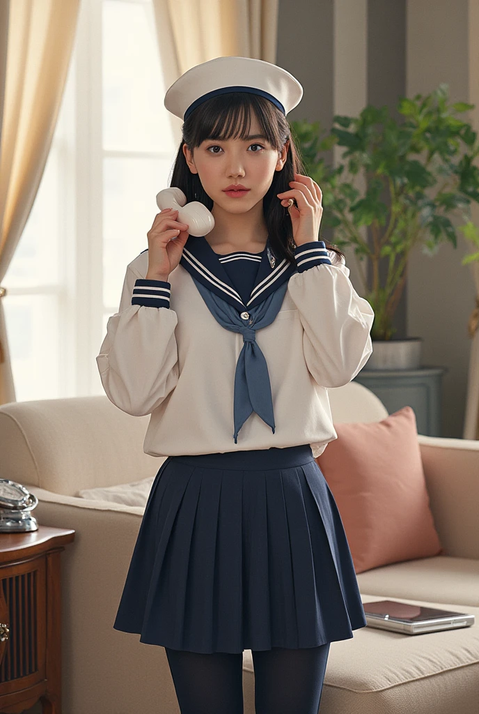 (masterpiece,highest quality,High resolution,Realistic:1.2),(A high school girl wearing a long-sleeved sailor uniform:1.2), (She is wearing a short navy blue pleated skirt, so a little bit of her white  are visible.:1.2),(Smiling with some teeth showing:1.3),(bob cut, blonde, gal makeup:1.3),(beautiful hands:1.3),(woman's hand:1.3),(Reduce  skin,The belly is not :1.2),(cowboy shot:1.5),(16 year old Japanese female:1.2),(clothing that fits:1.2),(school hallway:1.3), (:1.3), (big , thick thighs:1.2), (A is seen from below:1.4)