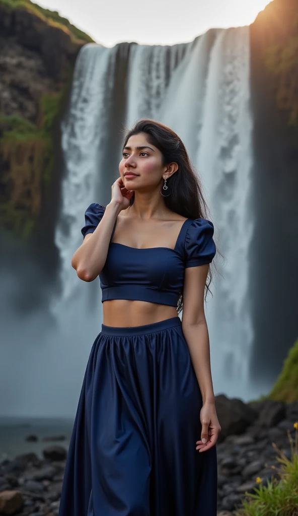 A photorealistic portrait of a 30-year-old Indian woman with big-sized breasts, wearing a cute  crop top without pants, bottomless to show her realistic hairy pussy and sexy legs,She standing in park behind naked man big cock statue (dick statue), ((big cock statue in park)),captured in a full-body shot, 8k resolution, with high detail and quality.