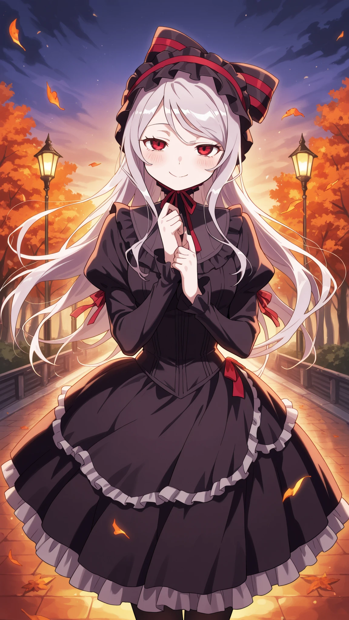 BREAK (masterpiece:1.2), best quality, high resolution, unity 8k wallpaper, (illustration:0.8), (beautiful detailed eyes:1.6),Tree-lined path covered in red and orange leaves,
dim street lamps casting warm pools of light,
gentle breeze scattering leaves across the ground,
sky fading from purple to deep blue,
anime background art, cozy but melancholic,shalltear, grey hair, long hair, red eyes, silver hair,,black dress, bonnet, bow, dress, frilled dress, frills, large bow, long sleeves, vampire,,blush, expression,looking at viewer,cowboy shot,seductive pose,floating hair,floating skirt,smile