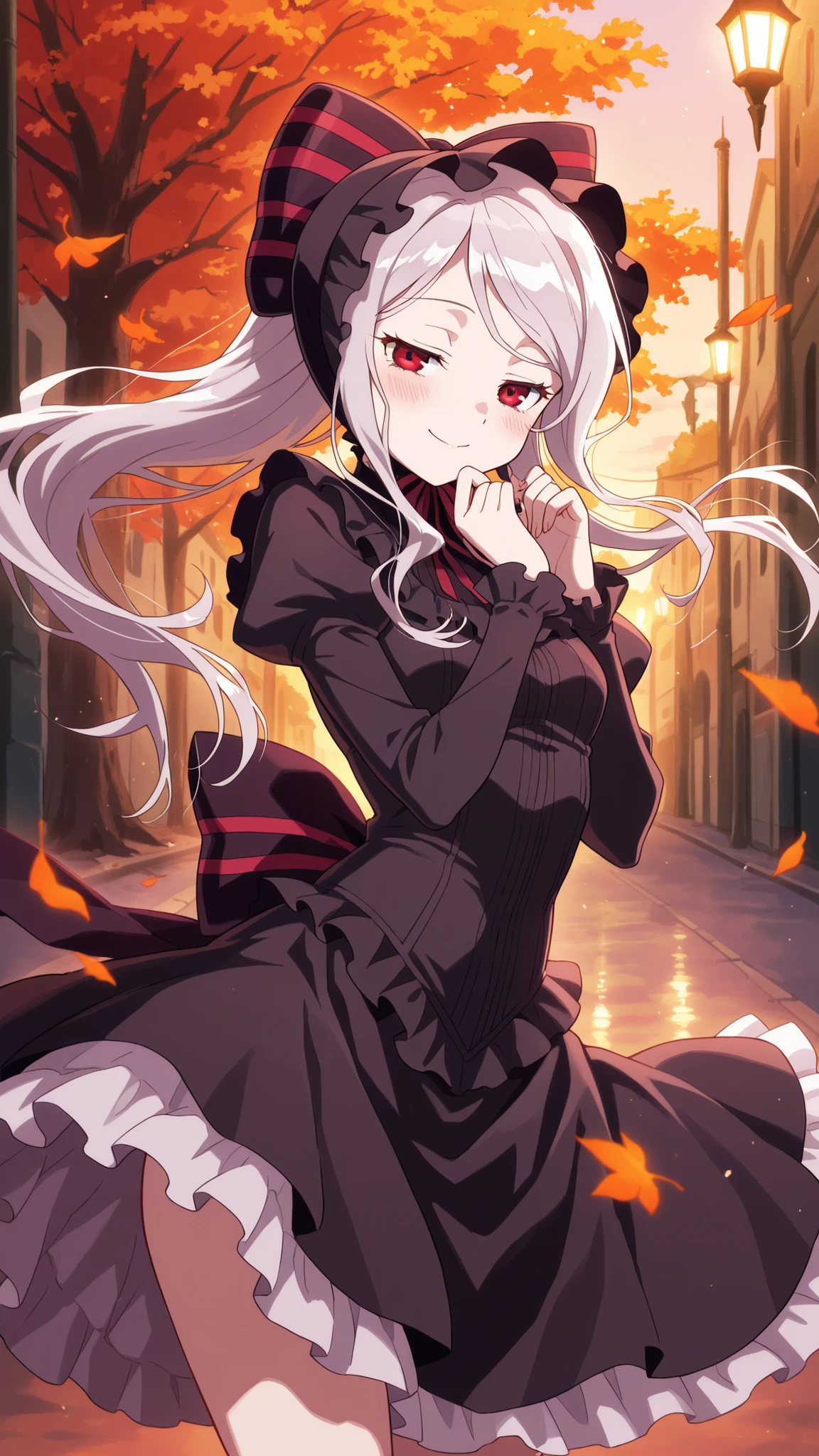 BREAK (masterpiece:1.2), best quality, high resolution, unity 8k wallpaper, (illustration:0.8), (beautiful detailed eyes:1.6),Tree-lined path covered in red and orange leaves,
dim street lamps casting warm pools of light,
gentle breeze scattering leaves across the ground,
sky fading from purple to deep blue,
anime background art, cozy but melancholic,shalltear, grey hair, long hair, red eyes, silver hair,,black dress, bonnet, bow, dress, frilled dress, frills, large bow, long sleeves, vampire,,blush, expression,looking at viewer,cowboy shot,seductive pose,floating hair,floating skirt,smile