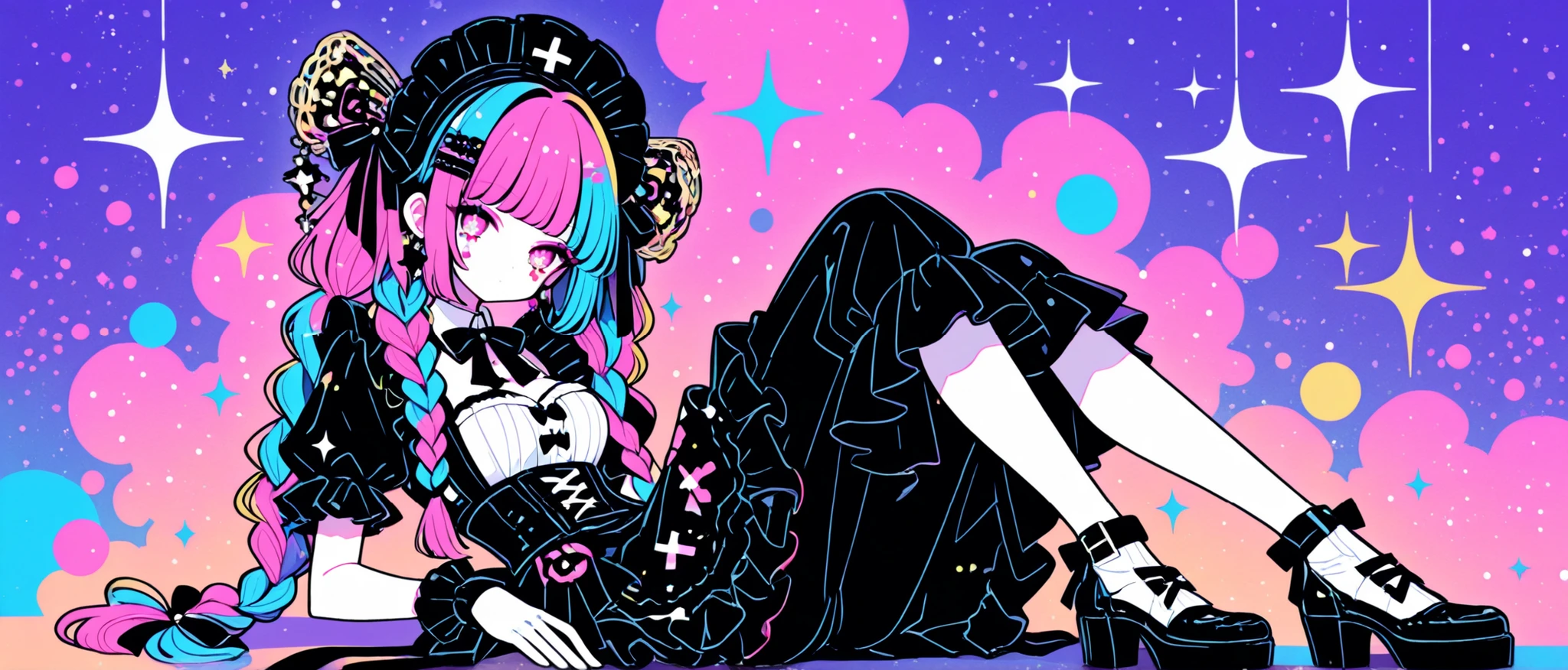 Woman, solo, gloves, rimless,pink eyes, Long Hair,hair ornaments, hairpin、ribbon, colorful, pop background、multi color hair, Full Body、Sparkling Makeup on Her Face、Harajuku、Lolita、Highest Quality、candy、braids