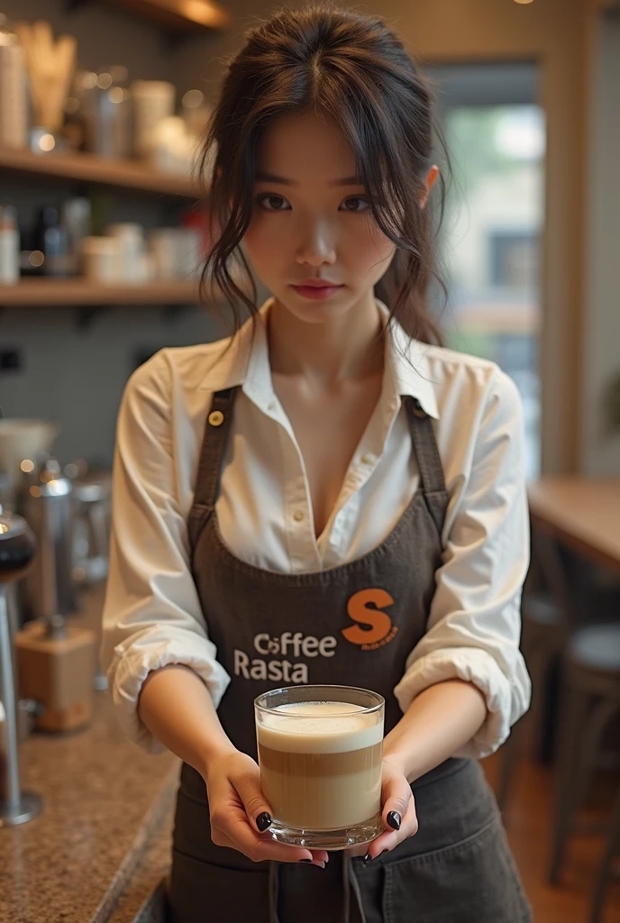 A girl in a Starbucks uniform makes coffee,Wearing a baseball cap on his head,Clothes and skin are soaked all over,(wetclothes:1.8),Reflective skin,Sweaty skin,high high quality、tmasterpiece、Hyper-Resolution、barechested、NAKED Apron、wearing apron、full bodyesbian、