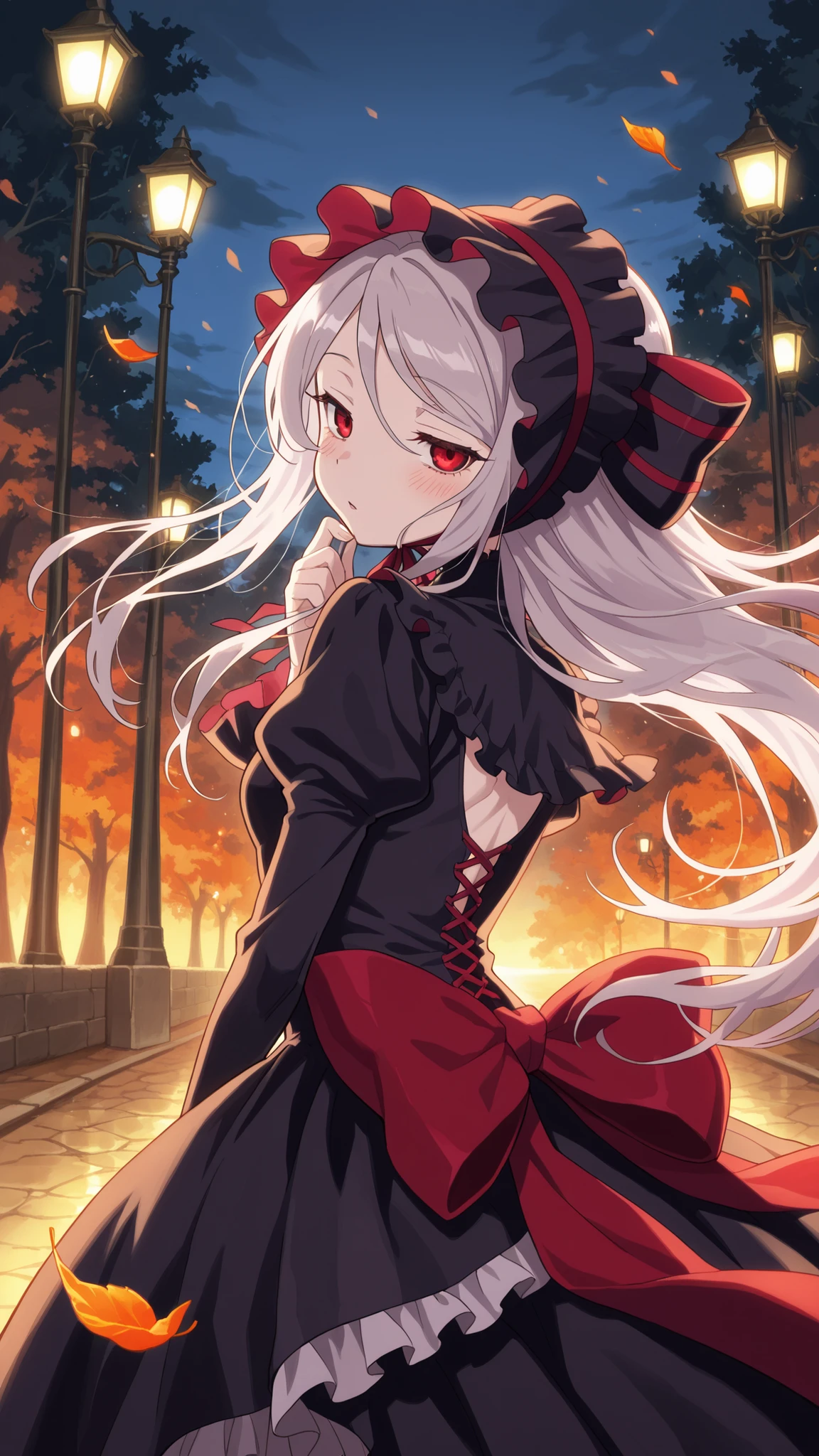 BREAK (masterpiece:1.2), best quality, high resolution, unity 8k wallpaper, (illustration:0.8), (beautiful detailed eyes:1.6),Tree-lined path covered in red and orange leaves,
dim street lamps casting warm pools of light,
gentle breeze scattering leaves across the ground,
sky fading from purple to deep blue,
anime background art, cozy but melancholic,shalltear, grey hair, long hair, red eyes, silver hair,,black dress, bonnet, bow, dress, frilled dress, frills, large bow, long sleeves, vampire,,blush, expression,looking at viewer,cowboy shot,seductive pose,floating hair,floating skirt,from behind,back photo