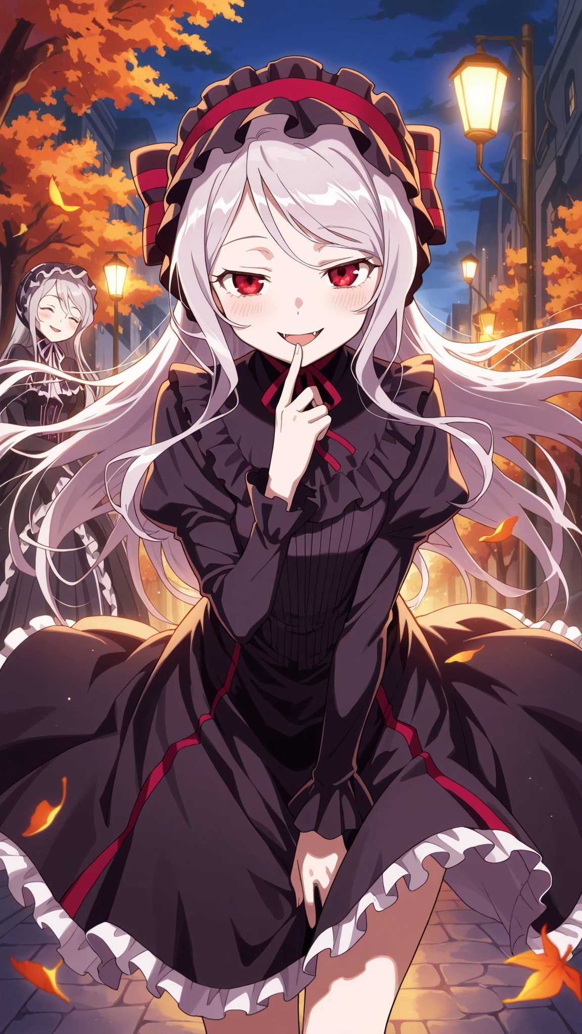 BREAK (masterpiece:1.2), best quality, high resolution, unity 8k wallpaper, (illustration:0.8), (beautiful detailed eyes:1.6),Tree-lined path covered in red and orange leaves,
dim street lamps casting warm pools of light,
gentle breeze scattering leaves across the ground,
sky fading from purple to deep blue,
anime background art, cozy but melancholic,shalltear, grey hair, long hair, red eyes, silver hair,,black dress, bonnet, bow, dress, frilled dress, frills, large bow, long sleeves, vampire,,blush, expression,looking at viewer,cowboy shot,seductive pose,floating hair,floating skirt,bent over to camera,smile,open mouth