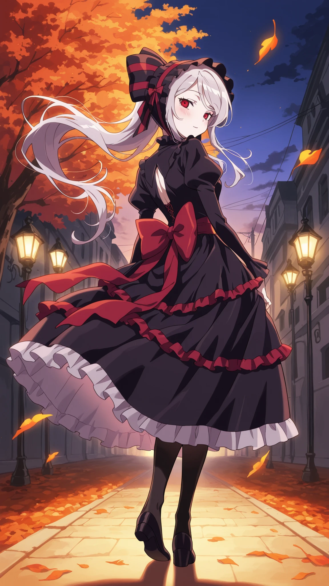BREAK (masterpiece:1.2), best quality, high resolution, unity 8k wallpaper, (illustration:0.8), (beautiful detailed eyes:1.6),Tree-lined path covered in red and orange leaves,
dim street lamps casting warm pools of light,
gentle breeze scattering leaves across the ground,
sky fading from purple to deep blue,
anime background art, cozy but melancholic,shalltear, grey hair, long hair, red eyes, silver hair,,black dress, bonnet, bow, dress, frilled dress, frills, large bow, long sleeves, vampire,,blush, expression,looking at viewer,full body shot,seductive pose,floating hair,floating skirt,from behind,back photo