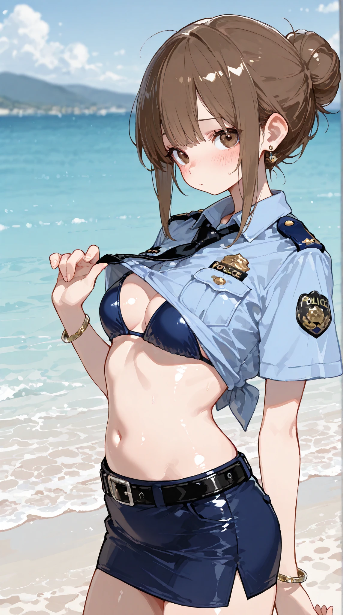 1girl, police hat, bikini, brown hair, pixie cut, hourglass figure, highleg, policewoman, police, smile, blue eyes, beach, large breasts, thick thighs, wet, smile, smirk, smug, very short hair