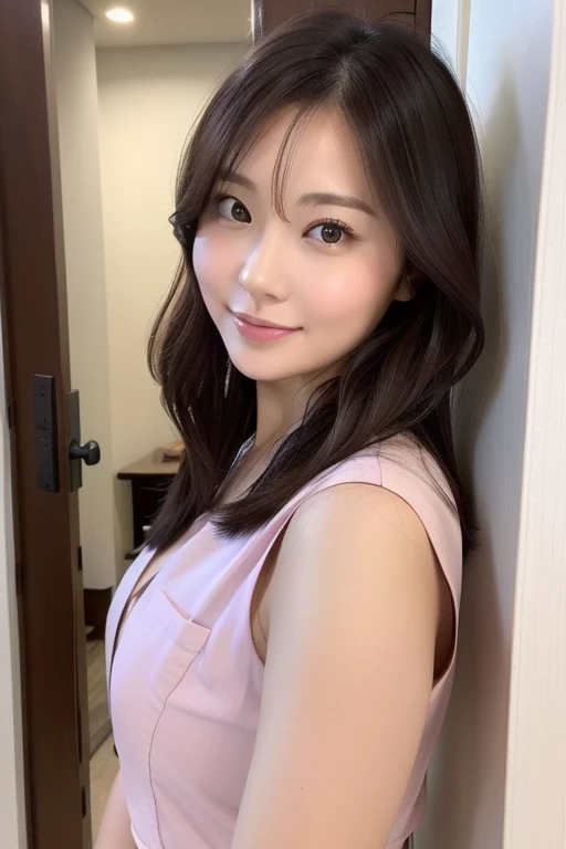 masterpiece, Best quality, Skinny Japanese woman, 40 years old, sexy nightwear, on the bed in a hotel room, correct body structure, slight smile, perfect face, detailed face, detailed eyes