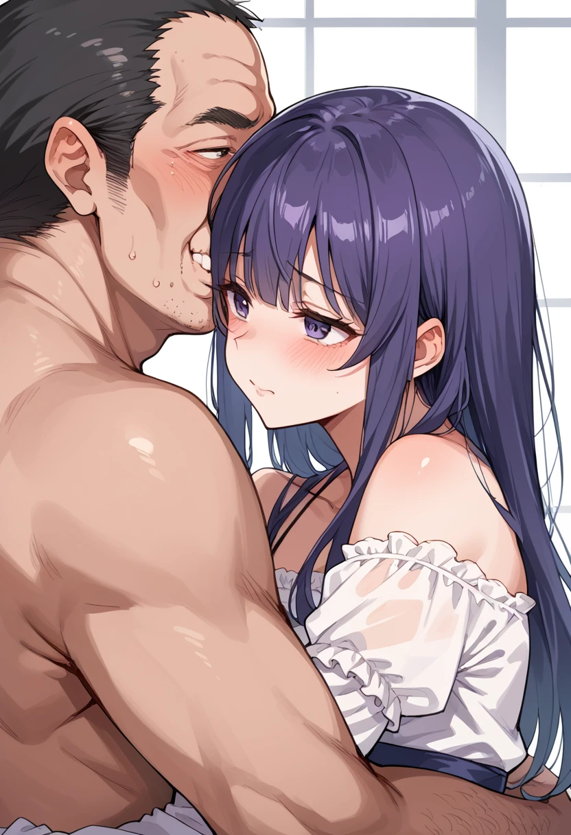 girl, black hair, long hair, blue eyes, opening door, naked, sweatty, blush face, ntr, nsfw, naughty face, pervert face, man behind her, hearts around, chubby body, giant boobs, hearts, man grabbing her waist, pov view,(man behind the girl), bedrooom background, naughty play from behind, man