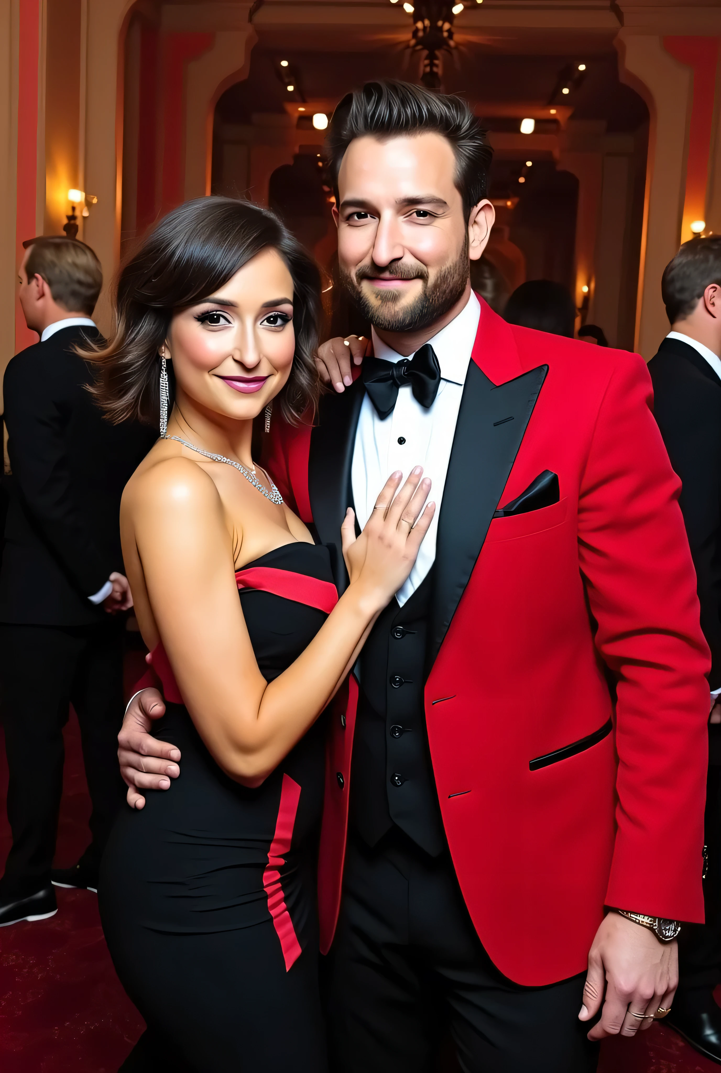 skin texture style,realism,Perfect hand, A Caucasian man in a tuxedo is posing with Milana Vayntrub. Milana Vayntrub is in a black evening gown with red accents. The man has his arm around behind the waist of Milana Vayntrub, his hand on her hip. The man has a full head of dark brown hair, closely cropped, and a trimmed but full thick beard. He is taller than Milana Vayntrub. The man has on a red tuxedo with a black cummerbund underneath his jacket and black pocket square. The man and Milana Vayntrub are posing for the camera at a fancy gala. Milana Vayntrub is smiling and happy to be with the man. Photorealism, photorealistic. The man is 40 years old. He is slightly pudgy.