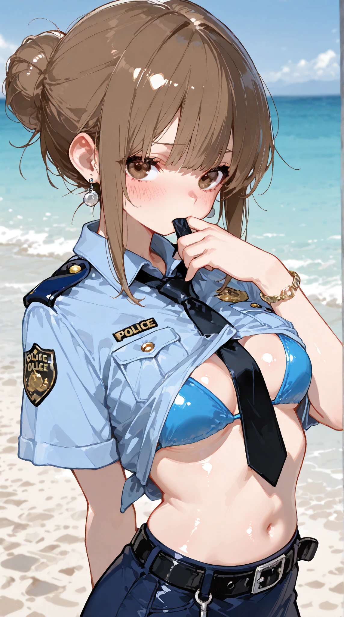 (Highest quality,8k,32K,masterpiece,Ultra-high resolution :1.2 ),born,One person,Super cute,Natural light,Clear, shining eyes,20-year-old,Fair skin,Fantasy background inside a patrol car,Handcuffed,policewoman,Police Officer,Upper body naked,bra,Winking,One eye closed,smile,Brown-haired hair,short hair,Horizontal angle,View from the side,