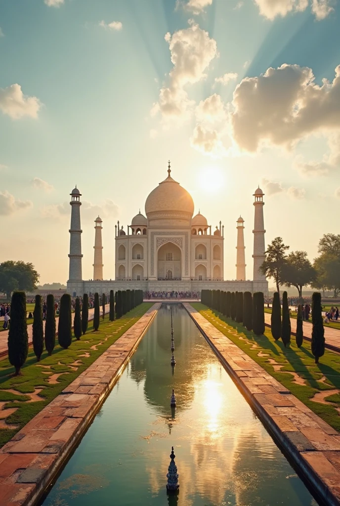 Sunset view of the Taj Mahal, glowing in the fading light.add as a title on the image
