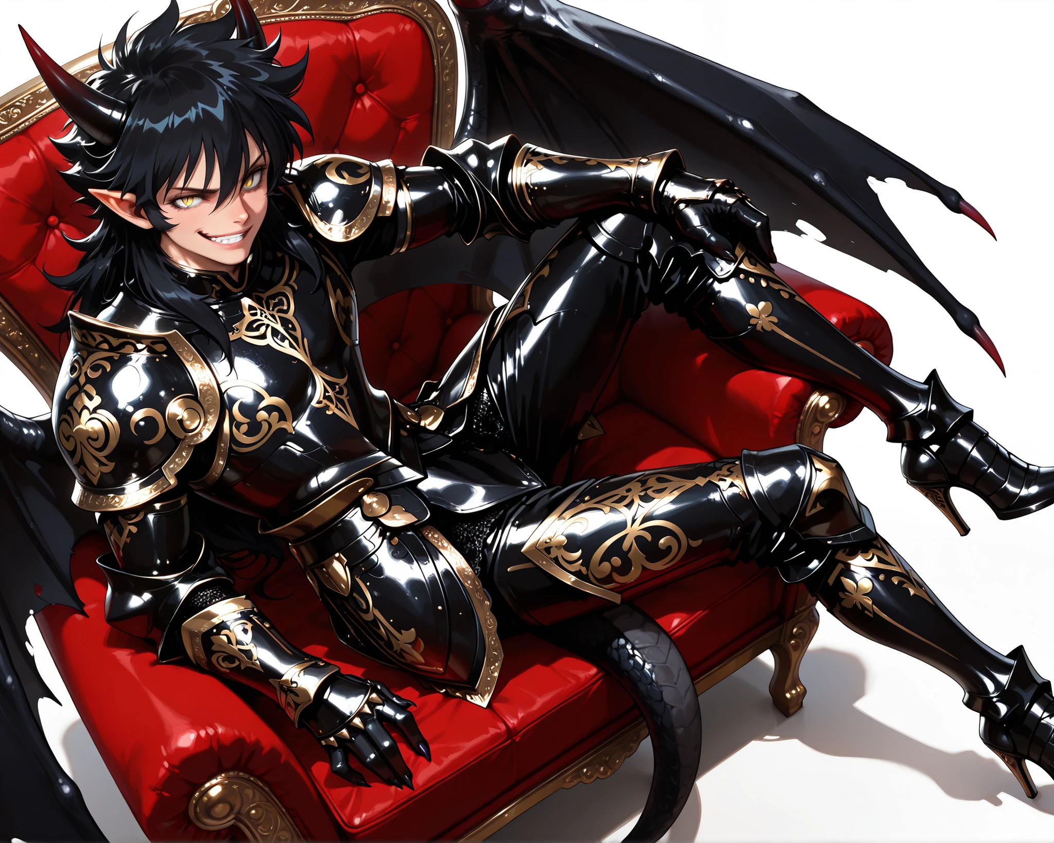 score_9, score_8_up, score_7_up, absurdres, (((128K Ultra High Resolution))), (masterpiece, best quality: 1. 5), (high definition: 1, 4), highres, 8K wallpaper, (excellent graphics: 1. 5), CG, (((Japanese Anime style))), (Black Saint Seiya), (1 male), solo, ((lean body, masculine)), weredragon, glossy black, shiny black leather, ((beautiful golden eyes, finely detailed eyes, bright eyes, slit pupils)), hair between eyes, black hair, long hair, sideburns, wild hair, (sly grin, sinister grin, smirk), teeth, confident, (((ultra detailed face))), shiny skin, long pointy ears, twisted torso, long-legged, sculpted face, wasp waist, dragon horn, dragon tail, dragon wings, dragon sharp claws, (black armor with a lot of grandiose decorations: 1. 5), half dragon half human, (sit cross-legged, closed legs, sit sideways, luxury carved red plush velvet chair: 1. 5), (dramatic angle, dynamic pose: 1. 5), (ultra detailed black armor, well-polished black armor: 1. 5), (gold-adorned armor: 1. 5), all black outfit, full body, sharp focus, good-looking man, (best illustration, highly detailed artwork: 1. 5), (cinematic), dramatic lighting, (intricate detail, extreme detailed, super detailed: 1. 5), (stark contrast, heavy shadows: 1. 3), detailed black decorations, beautiful & aesthetic, photoreal, (from side), ((from above)), (mysteriously crafted black metal armor: 1. 5), thick & luxuriant hair, (ultra detailed fantasy black armor, wonderful black armor: 1. 5), (realistic metal texture), broad shoulder, true-to-life visuals, artistically refined, (extremely delicate & beautiful armor, elaborate armor details: 1. 5), (giant black armor, dark armor, stylized armor: 1, 5), (((armor-type high heels))), (extremely detailed armor with intricate engravings, intricate armor with gold ornaments: 1. 5), ((very gorgeous and dazzling)), (dark fantasy black knight: 1. 5), slim waistlines, wide chested, sinewy body, (Hyper Detailed & Perfectly Designed Black Armor: 1. 5), (simple white background)