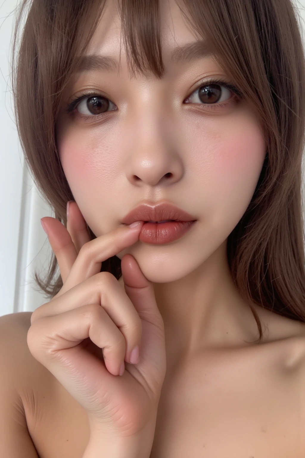 ((Luzes Realistas, Best quality, 8K, tmasterpiece:1.3)), tack sharp focus:1.2, 1个Giant Breast Girl, Beautiful Women with Perfect Figure:1.4, Slim abs:1.1, ((dark brown  hair)), (White cropped top:1.4）,（allure，during night：1.1），Sitting on bed indoors，Ultra-fine face，Fine Eye，二重まぶた，Leaks out of the entire delicate breast