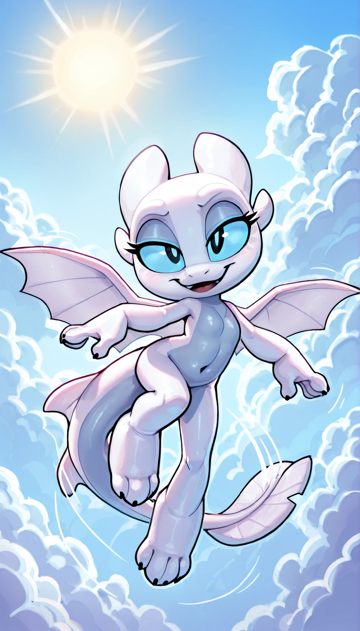 score_9, score_8_up, score_7_up, anthro, masterpiece, best quality, amazing quality, very aesthetic, absurdres, source furry, Nubless_httyd, dragon, light fury, white scales, wings, tail, claws, 1girl, solo, alone, female, blue sclera, black pupils, epic portrait, thin body, detailed body fur, detailed body, detailed face, detailed eyes, glistering body, shiny body, skinny, :3, (best quality), cinematic lighting, anime style, perfect lighting, perfect shadows, perfect eyes, perfect hair, perfect face, gorgeous body, skinny, chibi, (young cub:1.2), (short body, tiny body, big head), sky with clouds, sun, adorable, happy, smile, narrowed eyes, small breasts, navel, half closed eyes, fly pose, high angle view, bird eye view, motion lines, angry, smile, floating, fly effect, sb Kick, flexible, kicking, feet focus, Kick at you, powerful presence, feet on view,