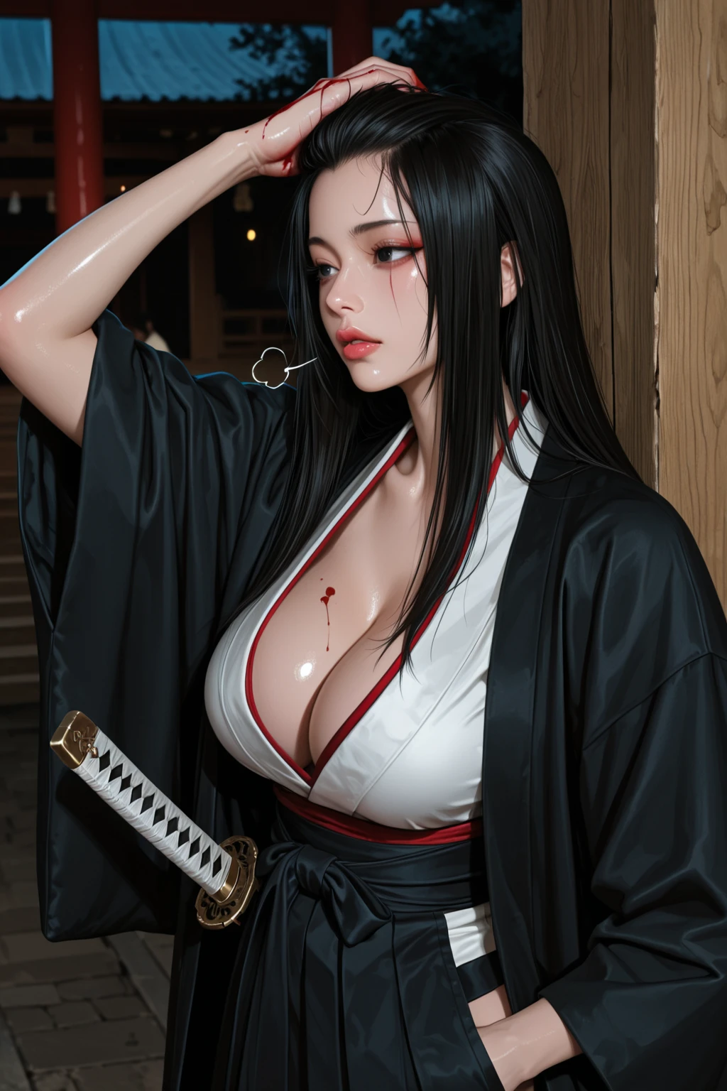 (((Perfect figure,figure,black Japanese clothing,feather woven, (((bleach,(((Scars on the chest))), red eyes,Unohana))),S-shaped figure:1.7))),((masterpiece)),high resolution, ((Best quality at best)),masterpiece,quality,Best quality,((( Exquisite facial features,looking at the audience,There is light in the eyes,Happy,nterlacing of light and shadow,huge ))),(((looking into camera,fighting stance,red background,Blood)))
work of art, (standing alone), absurderes, portraite, ((trunk)), detailed back ground, finely detail, hdr, female, shine dark skin, bangss, Bblack hair, long hair, Messy hair, neutral expression,shine brown eyes, breasts big, whole body