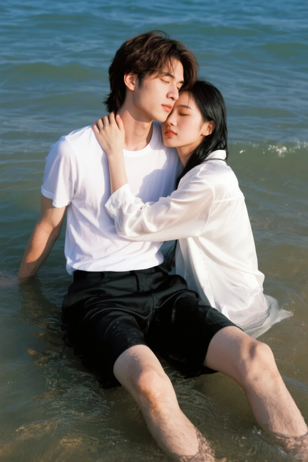 clothes: Wearing a white t-shirt, skinny, white volleyball shorts,bigger Phallus. shoes: wearing black shoes. situation: Handsome korea young man 17 years old as Is lying down in the river with clothes soaked in river water . (Full body shot) (action focus)