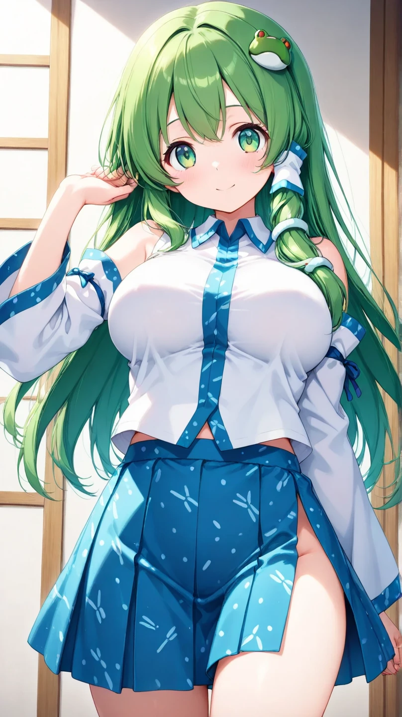 Green long straight hairstyle，Sexy，Miss，teacher，White suspender sheer dress，Huge Breasts，blush，Smile，Lipstick，noble，exist|inside the classroom，cleavage，Throw out your arms，Green eyes