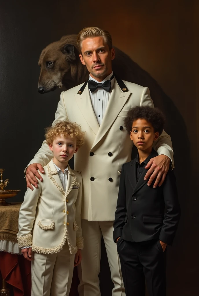 two well dressed men, both are the same height, one with darker skin and the other with lighter skin, the two are talking and smoking leaning against a low wall, they are near a lawn and the image is on cardboard